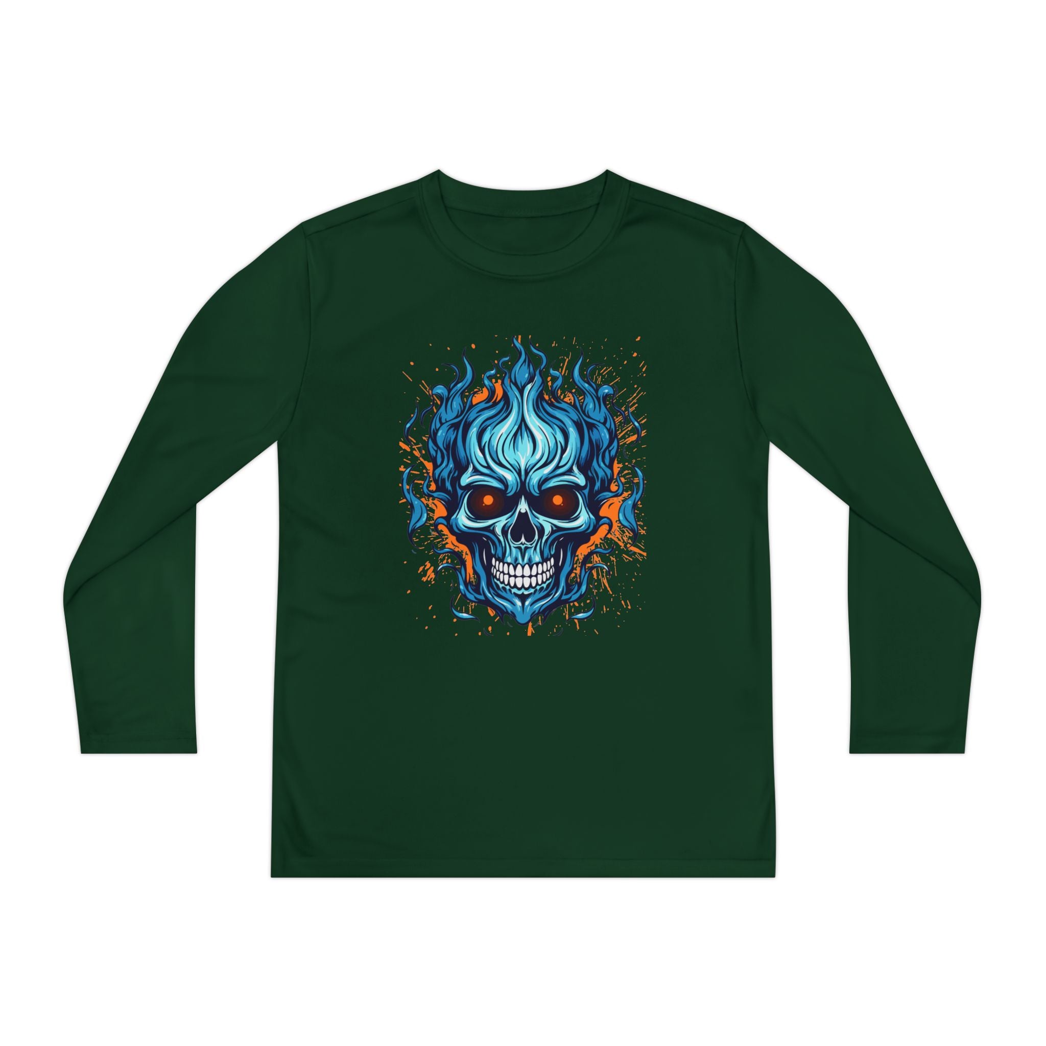 Skull Flame Youth Long Sleeve Skull Tee, Perfect for Halloween, Edgy Gift for Teens, Cozy Casual Wear, Skull Art Graphic Tee, Unique Birthday Present