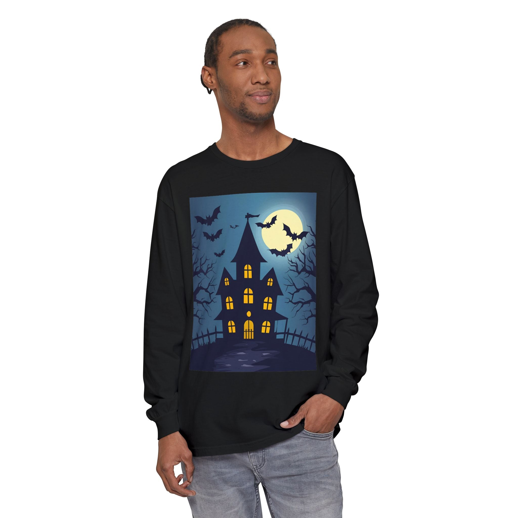 Haunted House Long Sleeve T-Shirt | Halloween Apparel, Fall Fashion, Spooky Shirt, Unisex Tee, Ghostly Vibes