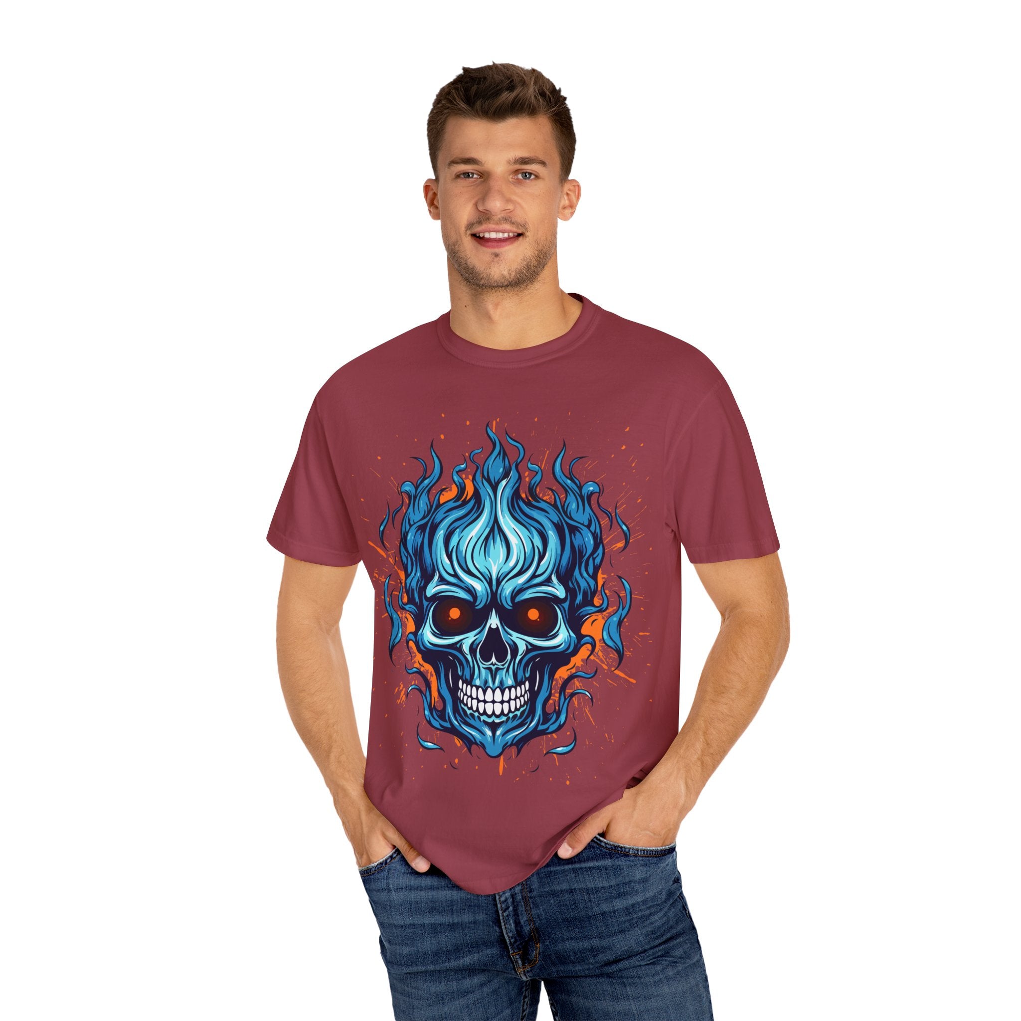 Flame Skull Graphic T-Shirt | Unisex Apparel for Rock Lovers, Halloween Costume, Edgy Style, Concert Fashion, Gift for Him/Her