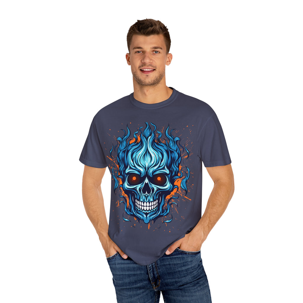 Flaming Skull T-Shirt, Unisex Graphic Tee, Edgy Casual Wear, Halloween Apparel, Gift for Rock Music Fans