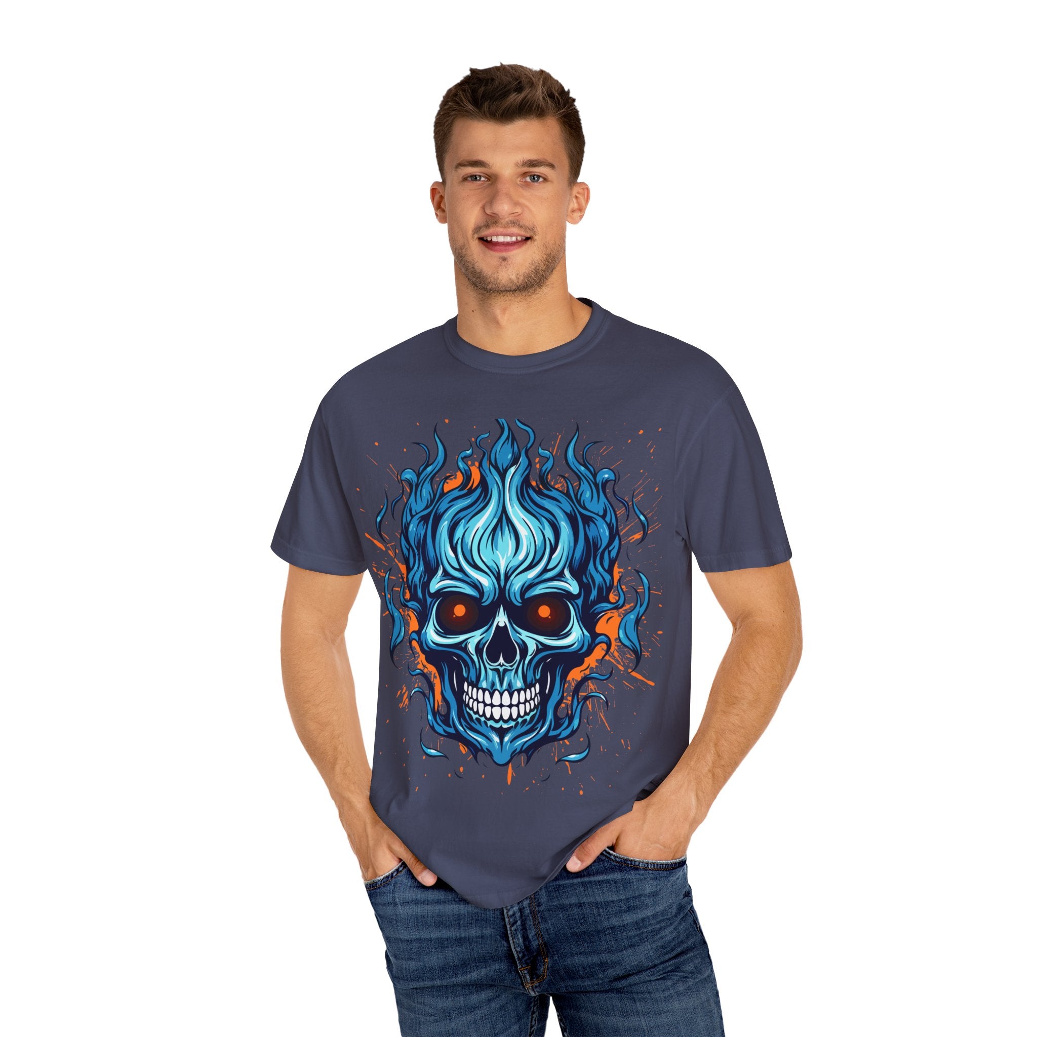 Flaming Skull T-Shirt, Unisex Graphic Tee, Edgy Casual Wear, Halloween Apparel, Gift for Rock Music Fans