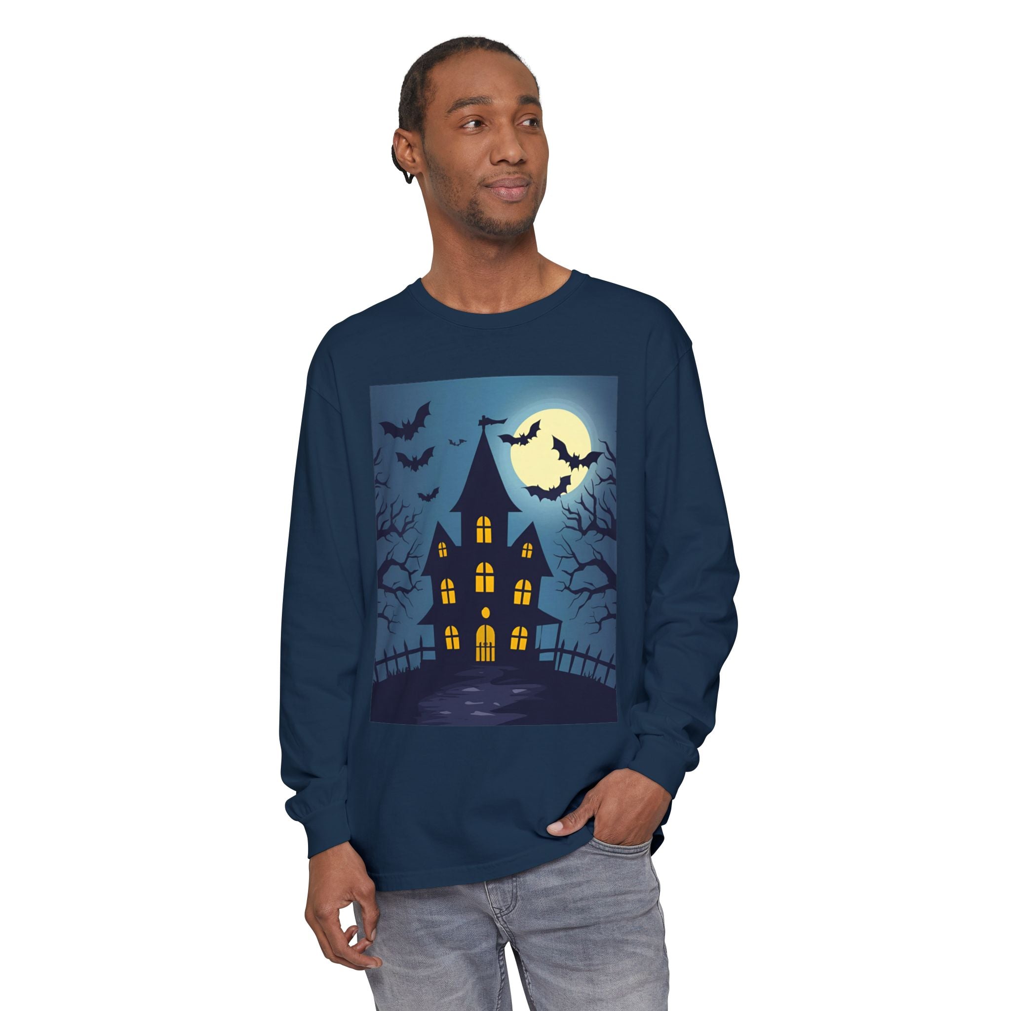 Haunted House Long Sleeve T-Shirt | Halloween Apparel, Fall Fashion, Spooky Shirt, Unisex Tee, Ghostly Vibes