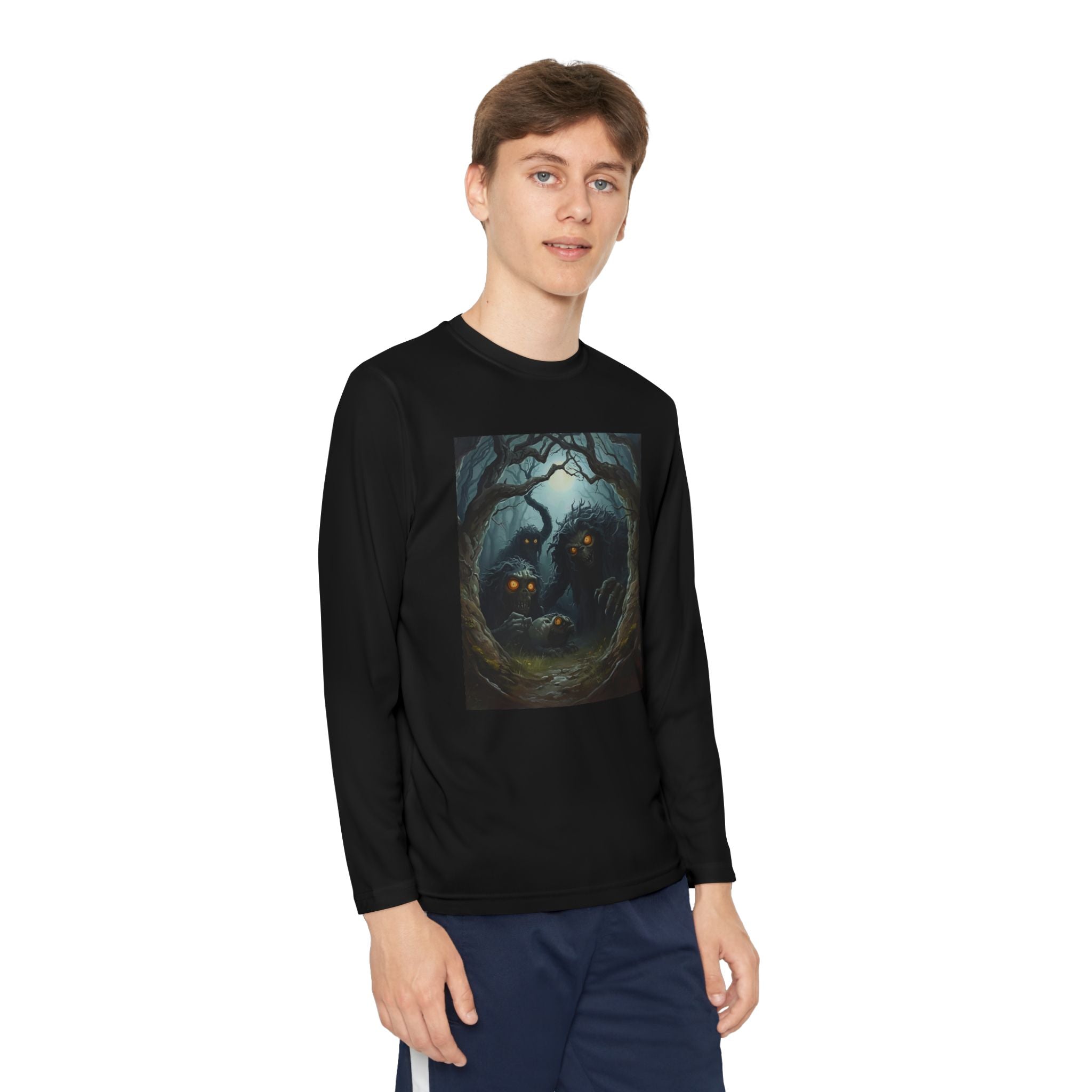 Spooky Forest Creatures Youth Long Sleeve Tee with Enchanted Forest Design, Comfortable Unisex T-Shirt for All Seasons, Perfect for Halloween and Nature Lovers