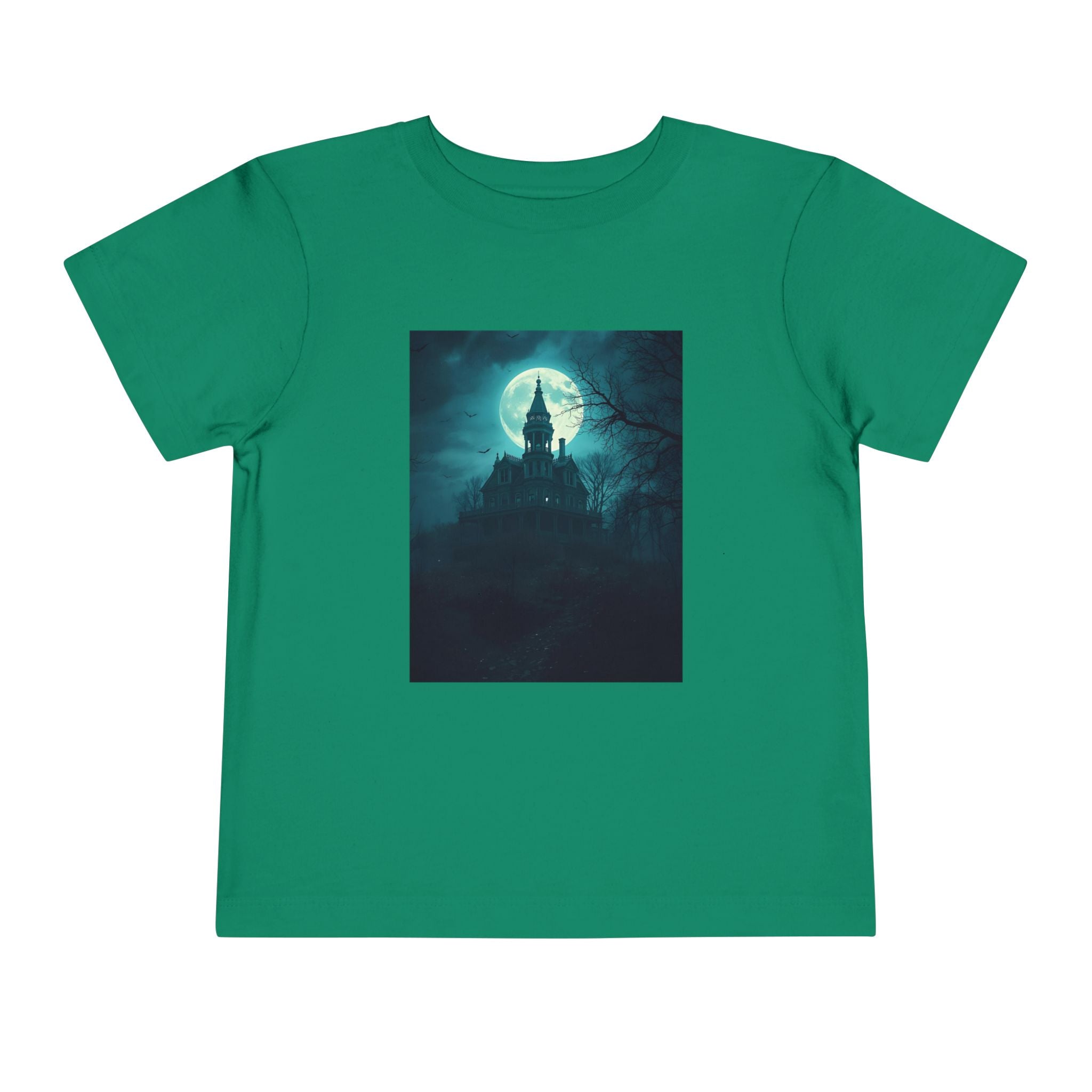 Haunted Moonlight Toddler Halloween Short Sleeve Tee, Ghostly Castle Shirt, Spooky Toddler Tee, Kids Halloween Costume Top, Fall Festivity Apparel