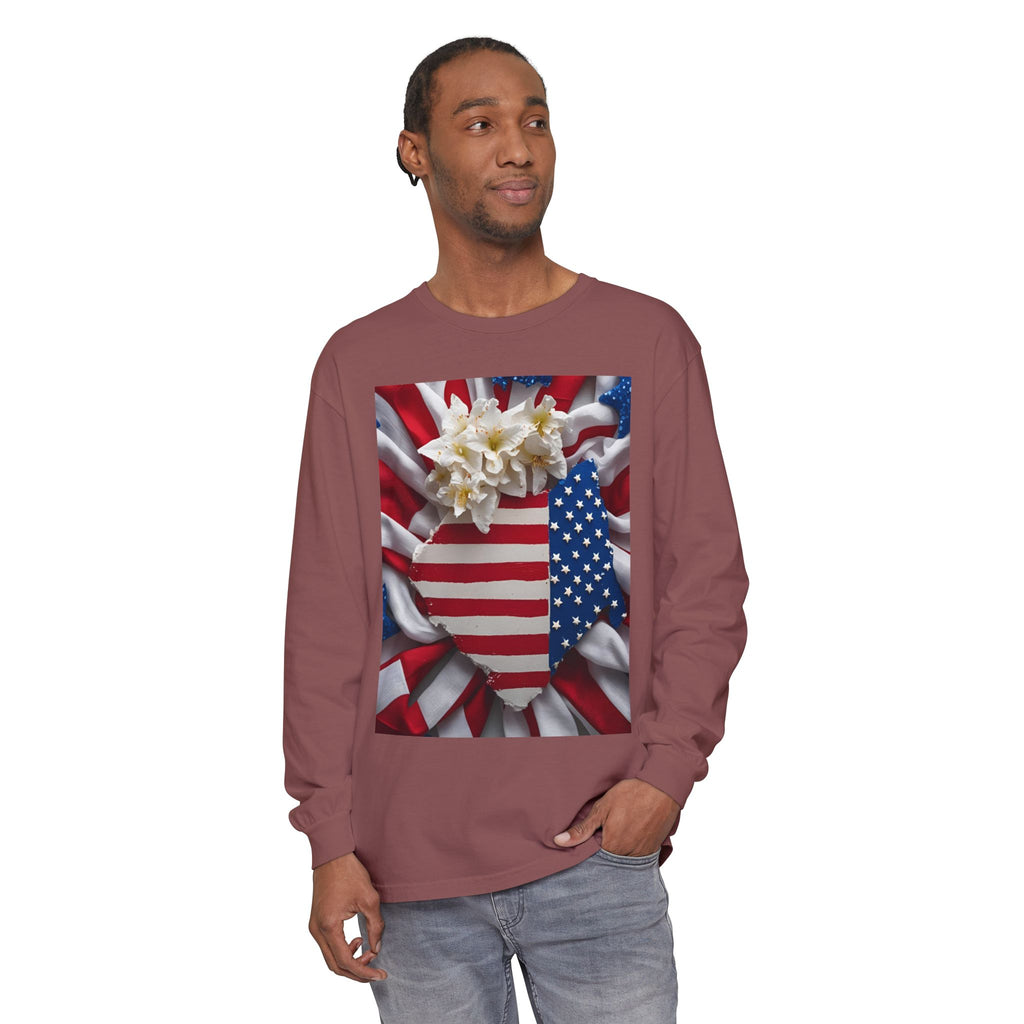 Patriotic Long Sleeve T-Shirt | Unisex Garment-Dyed Tee for Independence Day, Memorial Day, Fourth of July, Summer BBQs, Gifts