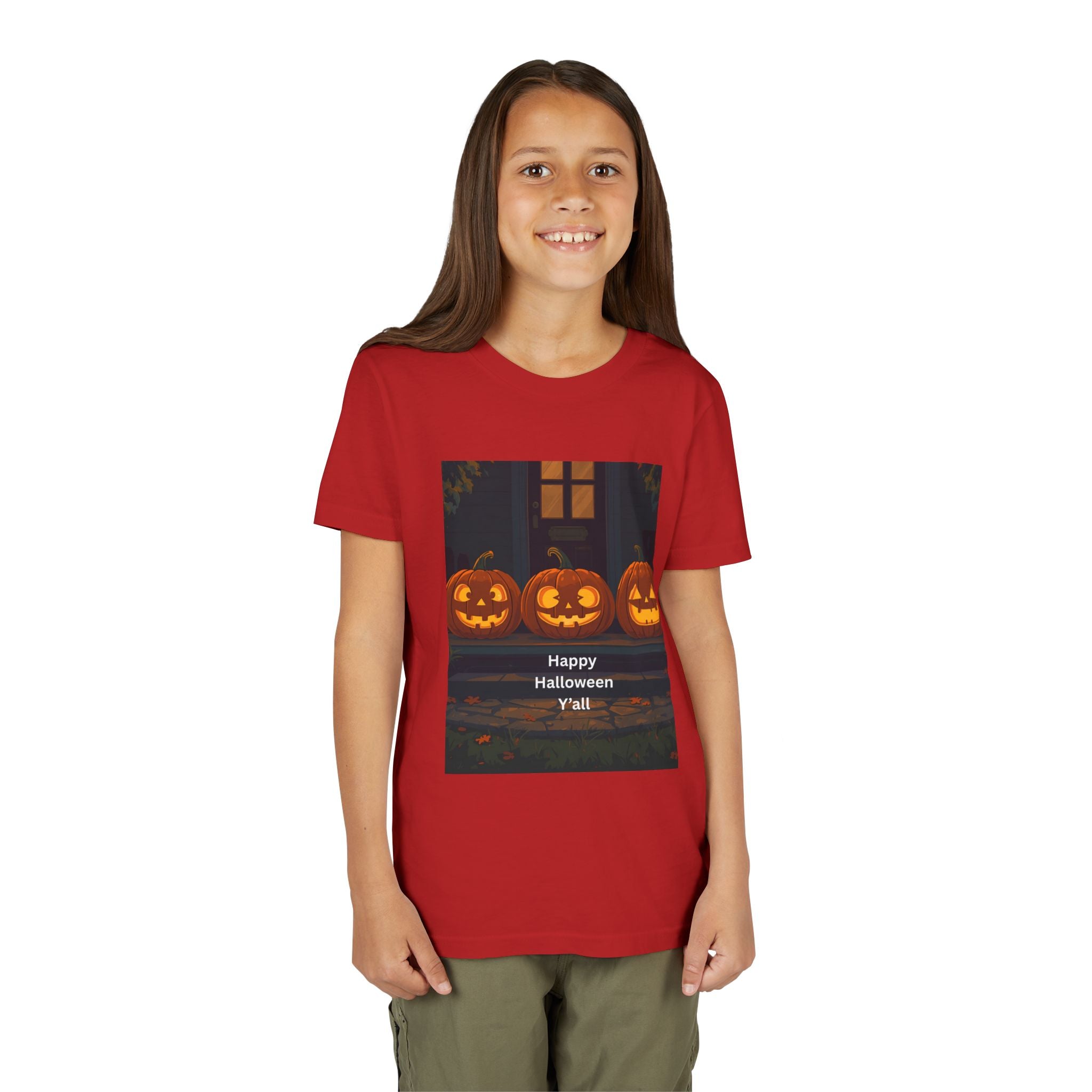 Halloween Pumpkin Youth Tee, Jack-o'-lantern Shirt, Trick or Treat Apparel, Spooky Kids T-Shirt, Halloween Costume Top
