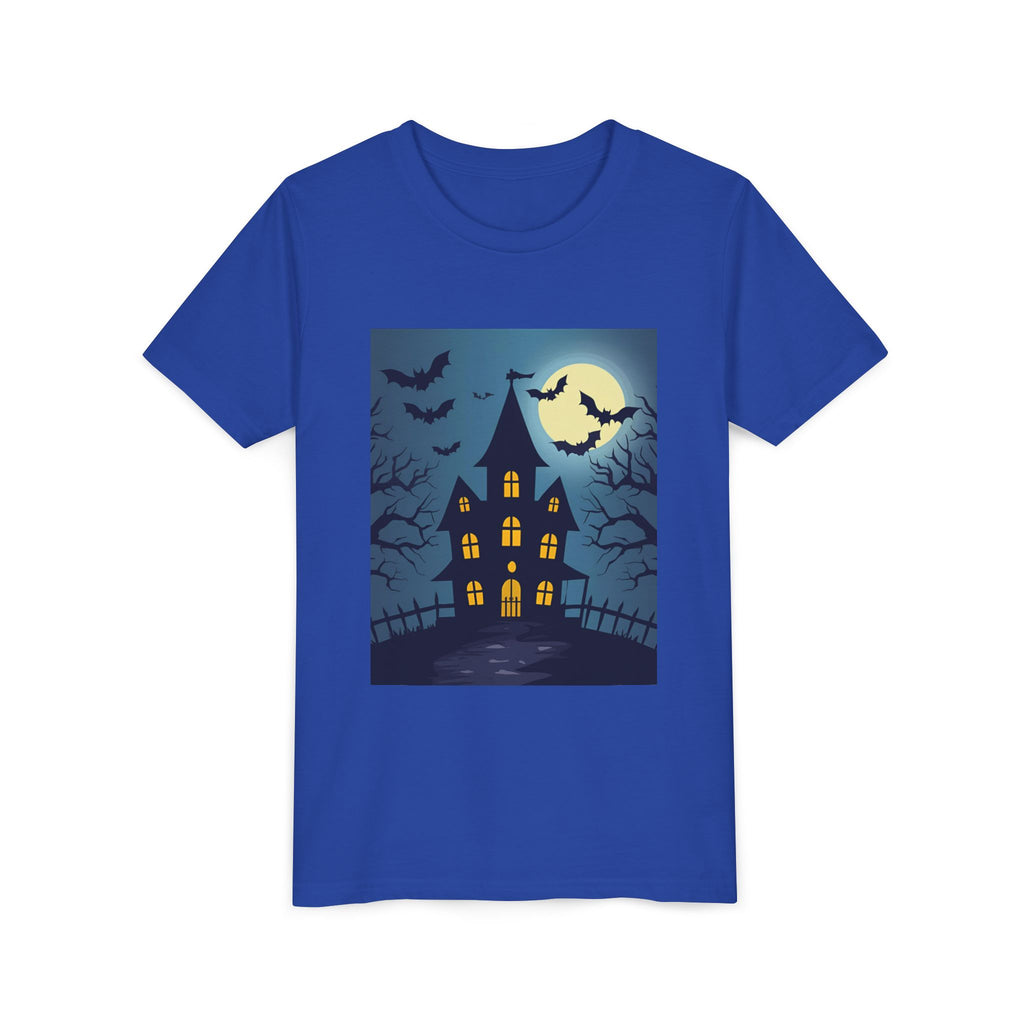 Spooky Halloween Haunted House Youth Tee, Kids Ghost T-Shirt, Haunted House Apparel, Bat Design Shirt, Trick or Treat Clothing