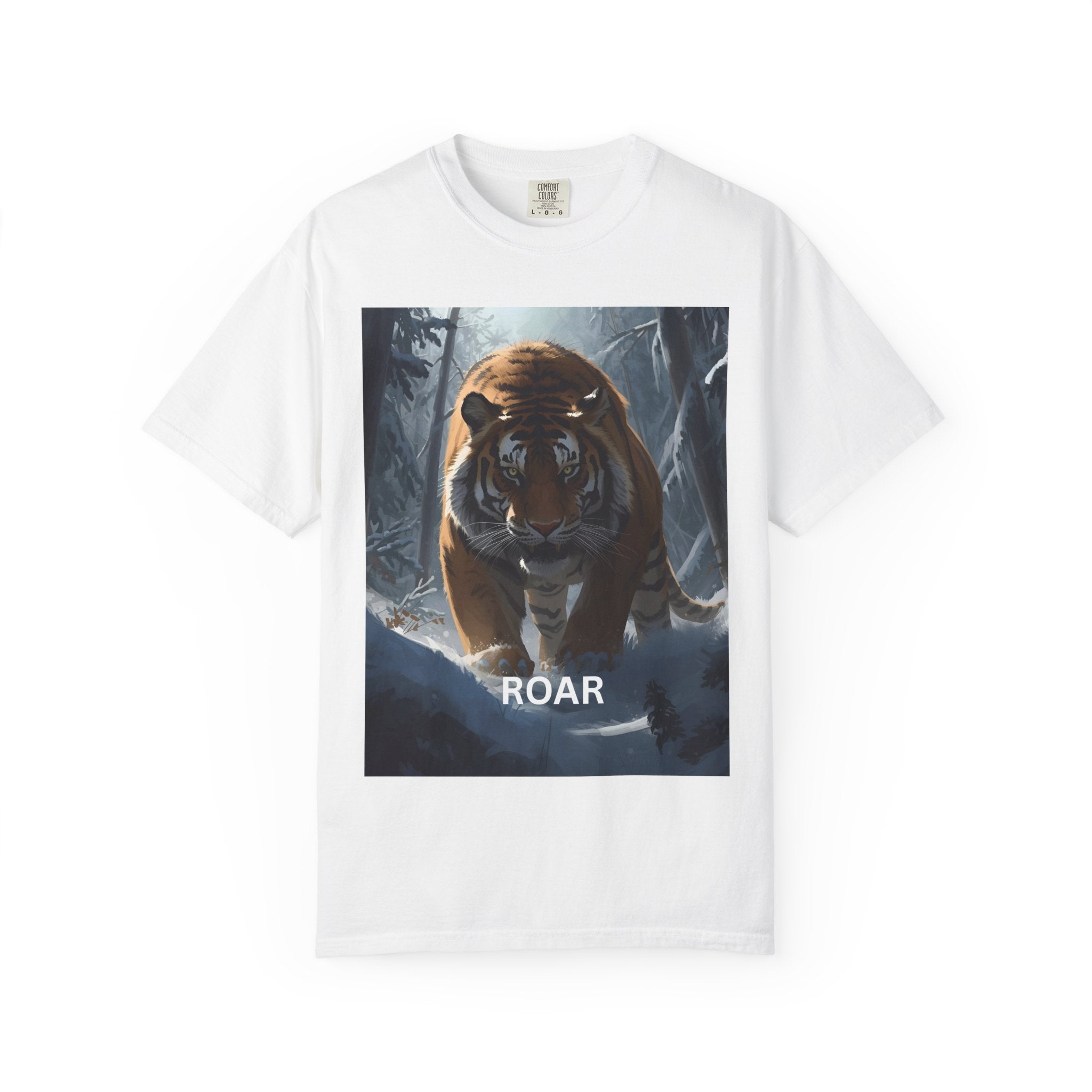 Fierce Tiger Roar Snow Graphic Tee, Eco-Friendly T-Shirt for Animal Lovers, Adventure Apparel, Gift for Wildlife Enthusiasts, Casual Wear