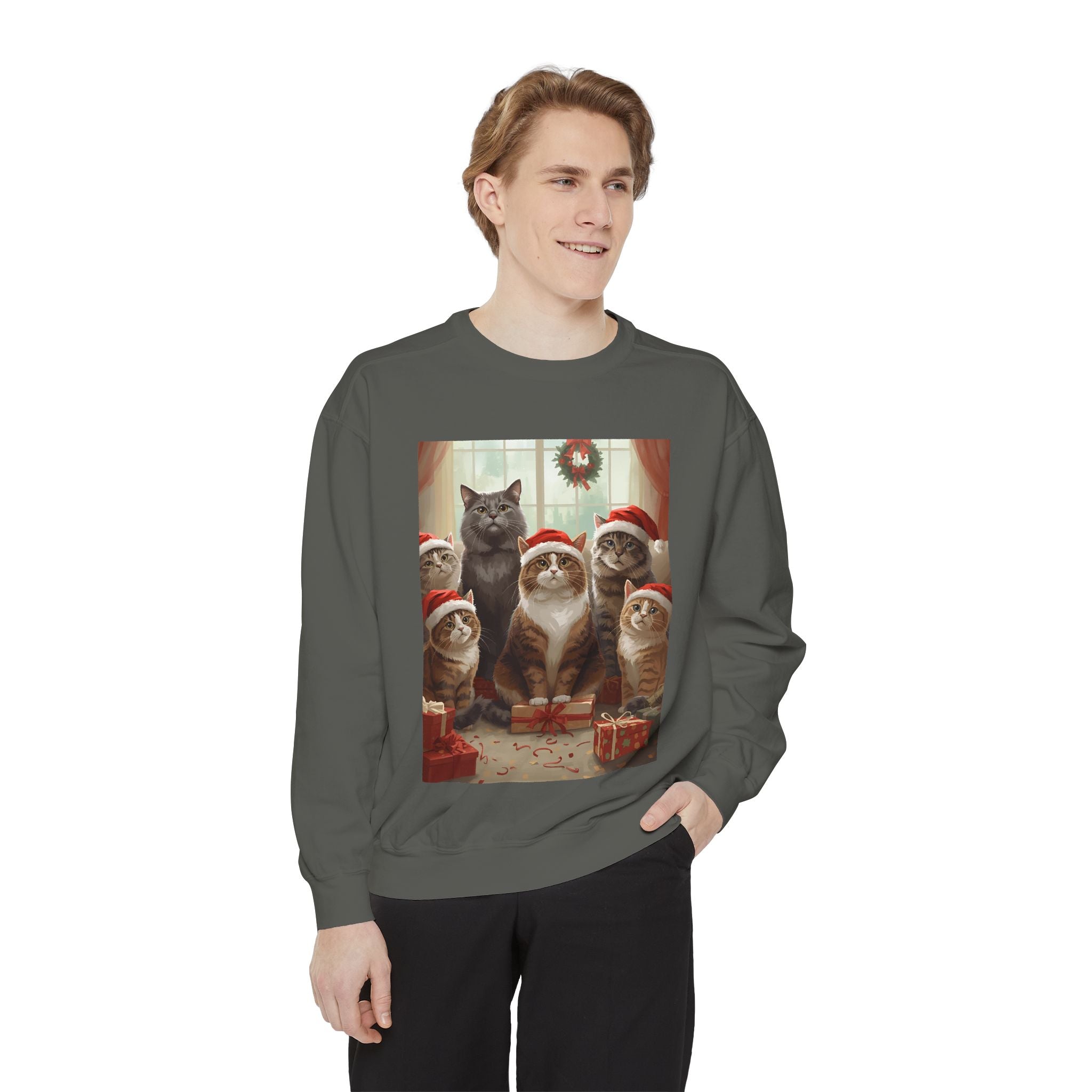 Cute Christmas Cat Festive Sweatshirt - Cozy Cat Christmas Pullover, Holiday Gift, Cat Lover Apparel, Unisex Sweatshirt, Cute Animal Sweater