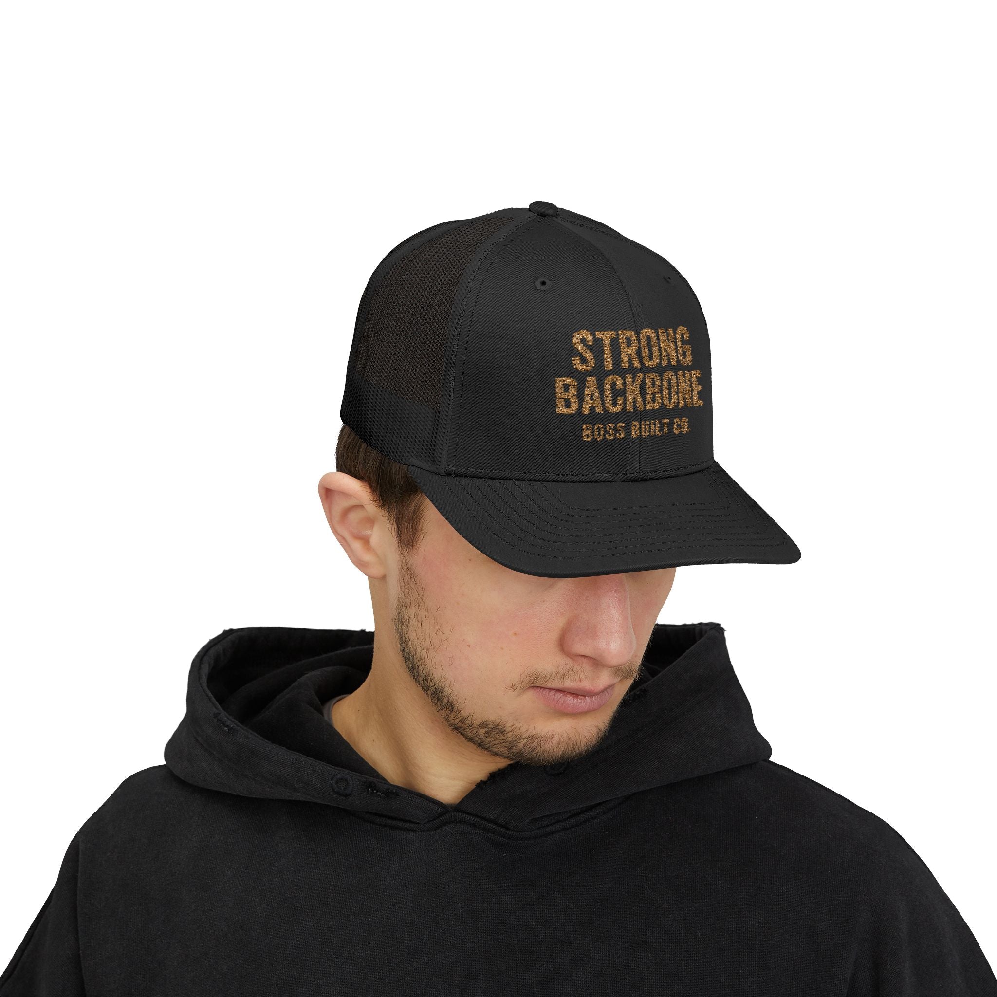 Boss Built Co Strong Backbone Trucker Cap — Motivational Snapback Hat