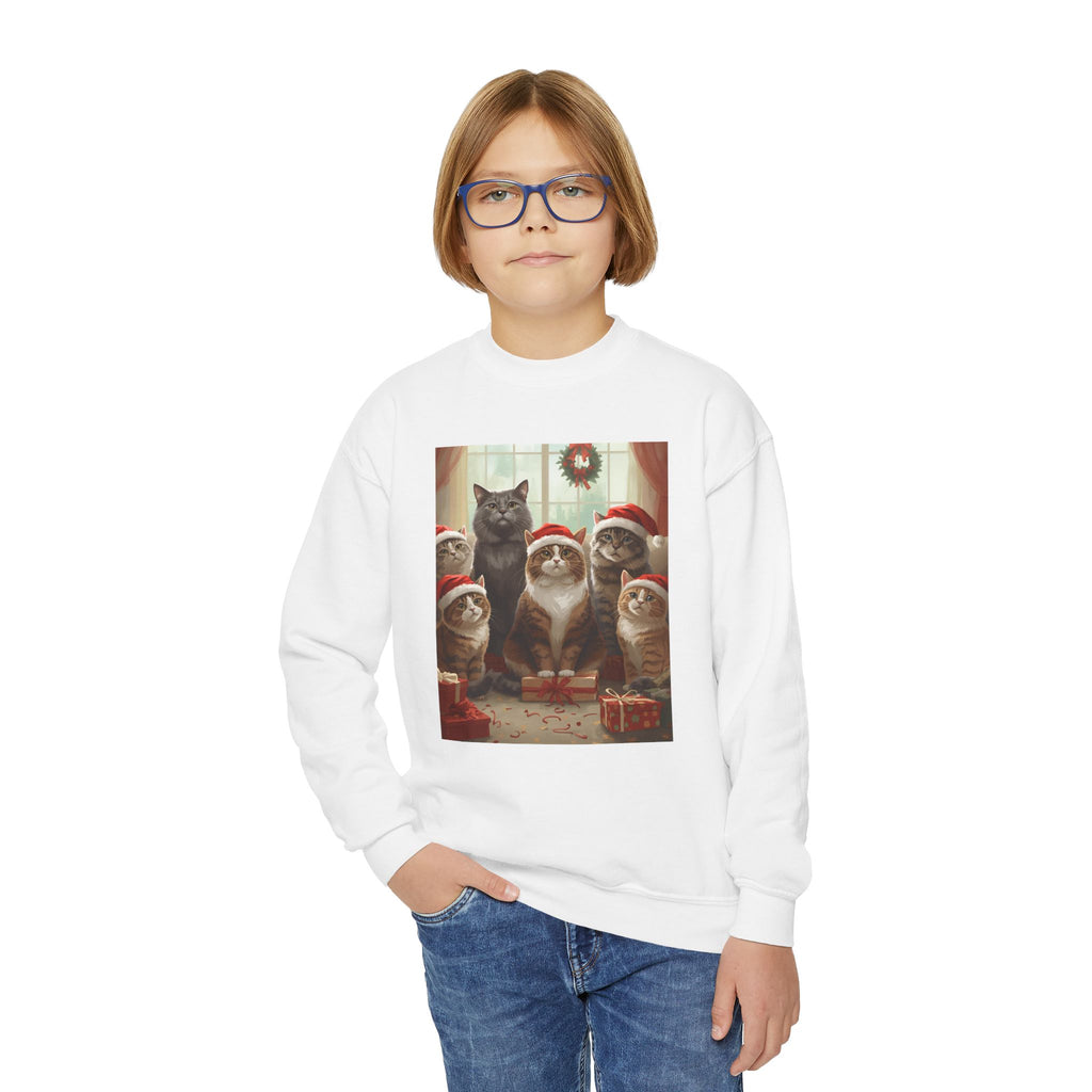 Cute Festive Christmas Cat Youth Crewneck Sweatshirt