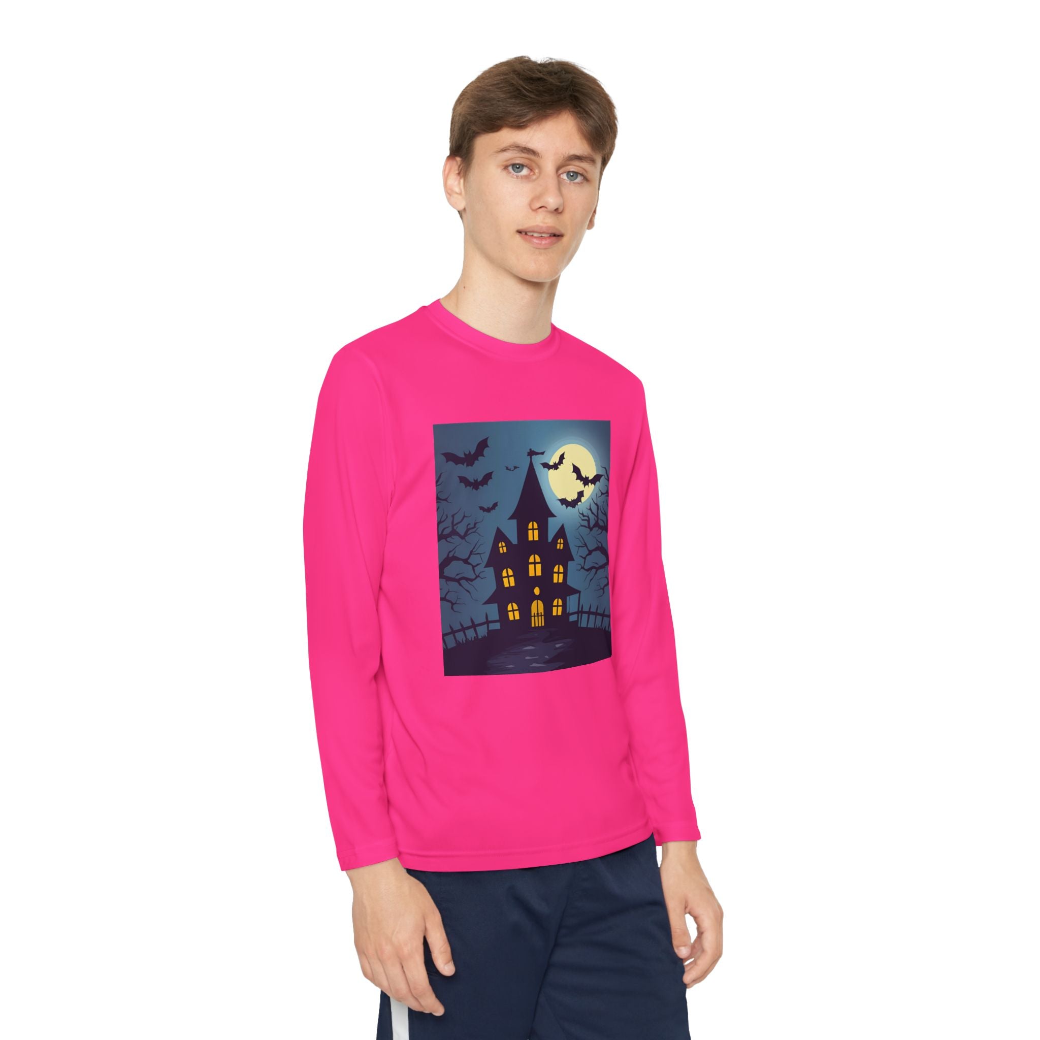 Halloween Haunted House Youth Long Sleeve Tee, Halloween Shirt, Spooky Tee, Ghostly Nightwear, Fall Apparel, Kids Halloween Costume