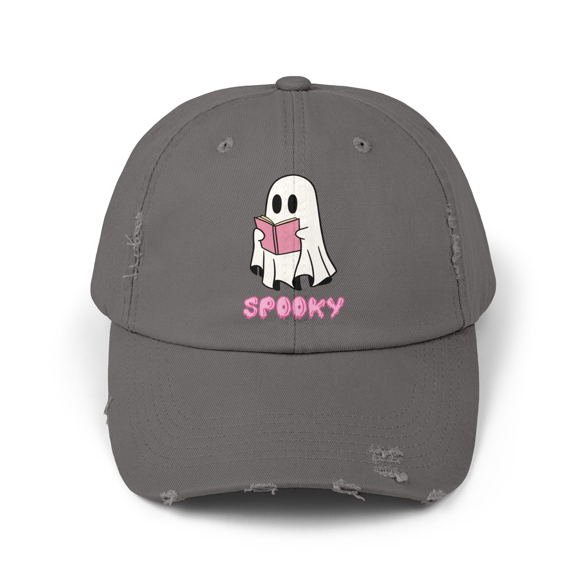 Spooky Ghost Reading Distressed Cap, Halloween Hat, Cute Adjustable Cap, Casual Everyday Wear, Trendy Fashion Accessory