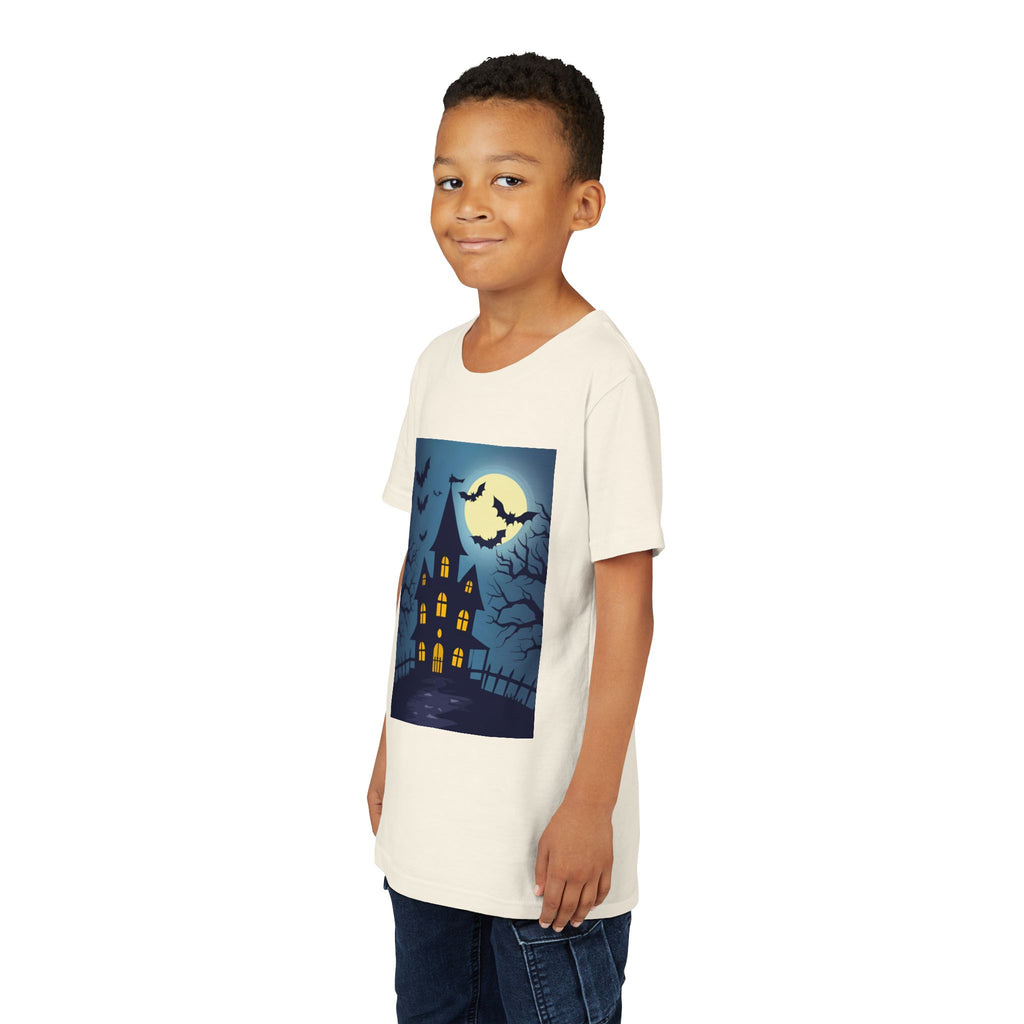 Spooky Halloween Haunted House Youth Tee, Kids Ghost T-Shirt, Haunted House Apparel, Bat Design Shirt, Trick or Treat Clothing