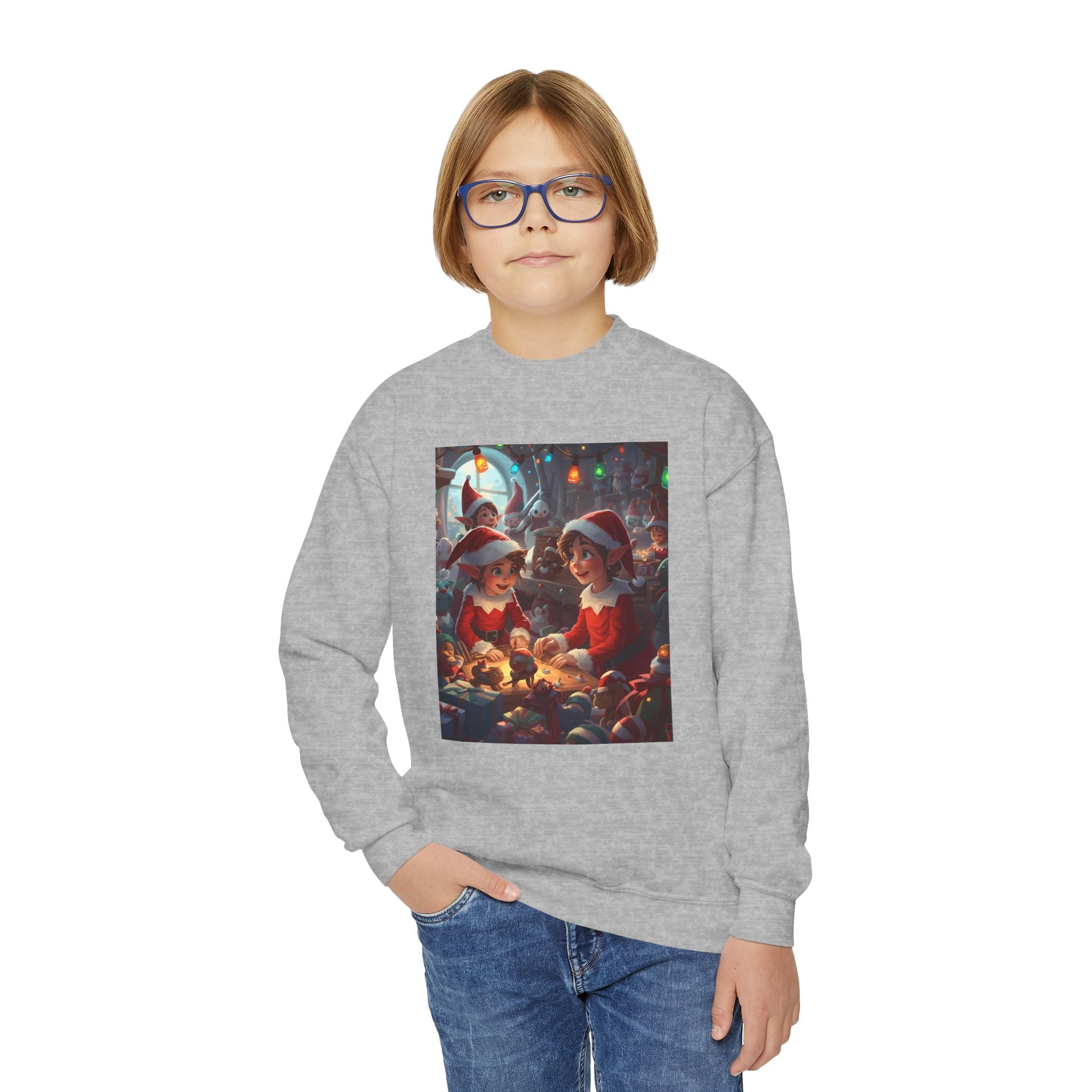 Youth Christmas Elf Crewneck Sweatshirt, Cozy Holiday Sweatshirt for Kids, Cute Christmas Gift, Family Christmas Apparel, Santa & Elf Design