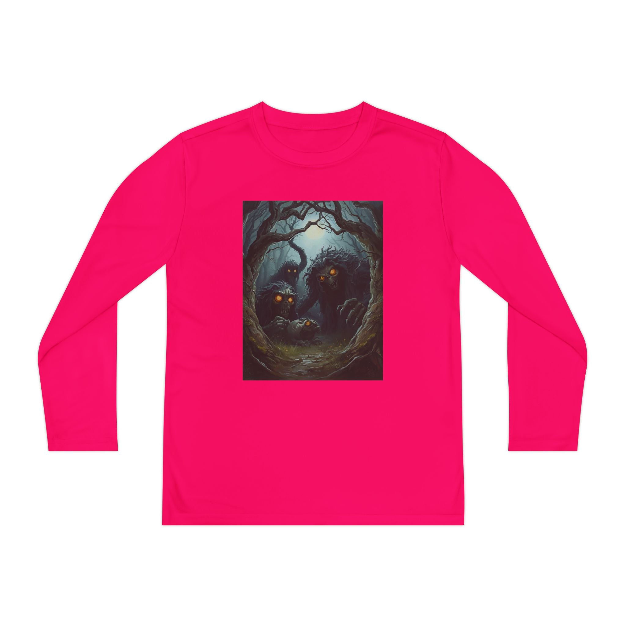 Spooky Forest Creatures Youth Long Sleeve Tee with Enchanted Forest Design, Comfortable Unisex T-Shirt for All Seasons, Perfect for Halloween and Nature Lovers