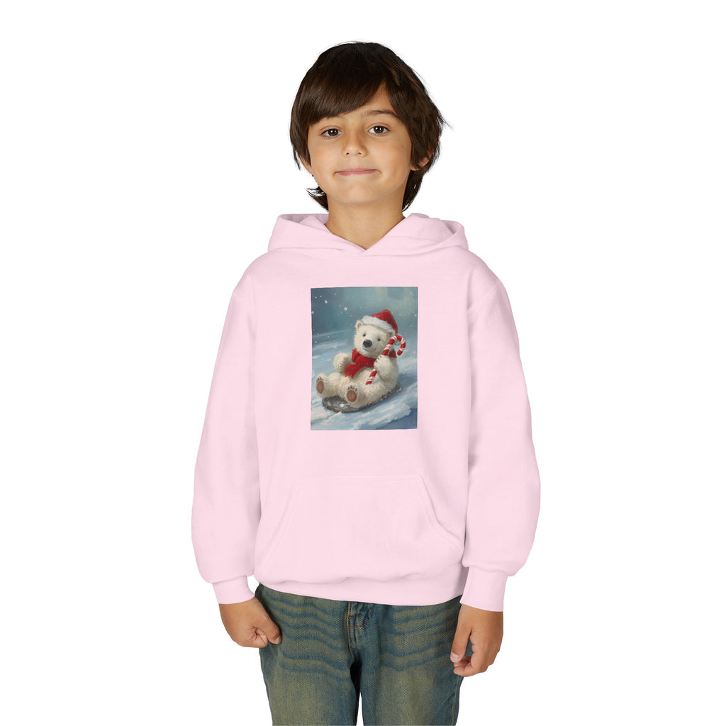 Cozy Christmas Bear Youth Hooded Sweatshirt, Winter Hoodie, Holiday Gift, Cute Sweatshirt for Kids, Festive Apparel