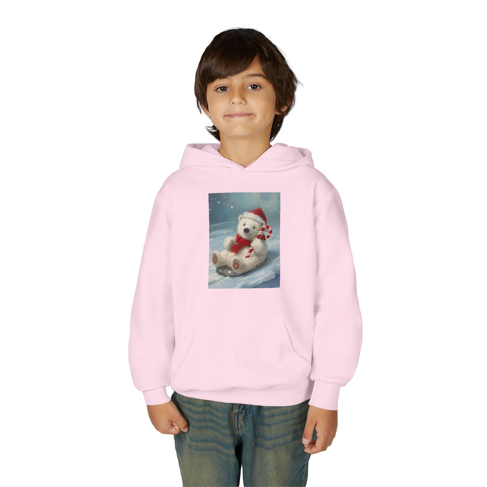 Cozy Christmas Bear Youth Hooded Sweatshirt, Winter Hoodie, Holiday Gift, Cute Sweatshirt for Kids, Festive Apparel