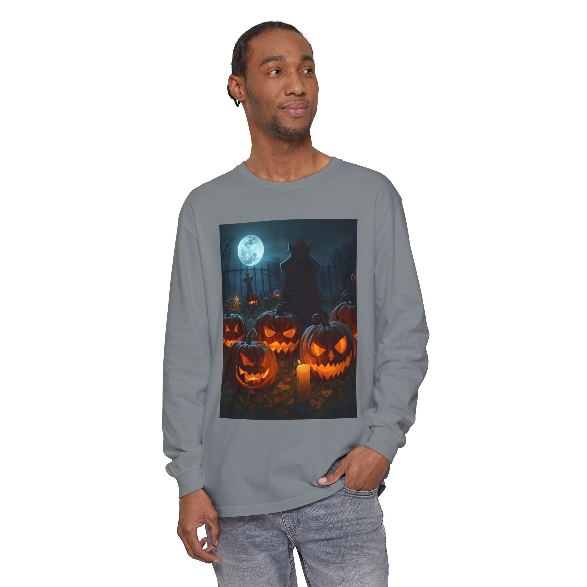 Scary Halloween Pumpkin Unisex Garment-dyed Long Sleeve T-Shirt