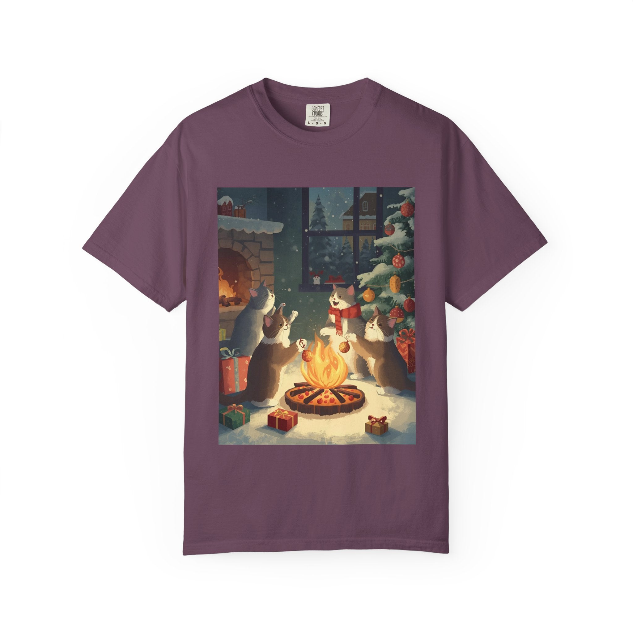 Cozy Cat Campfire T-shirt, Unisex Garment-Dyed Tee, Holiday Gift, Cat Lover Gift, Cute Winter T-shirt, Cozy Nightwear, Christmas Shirt