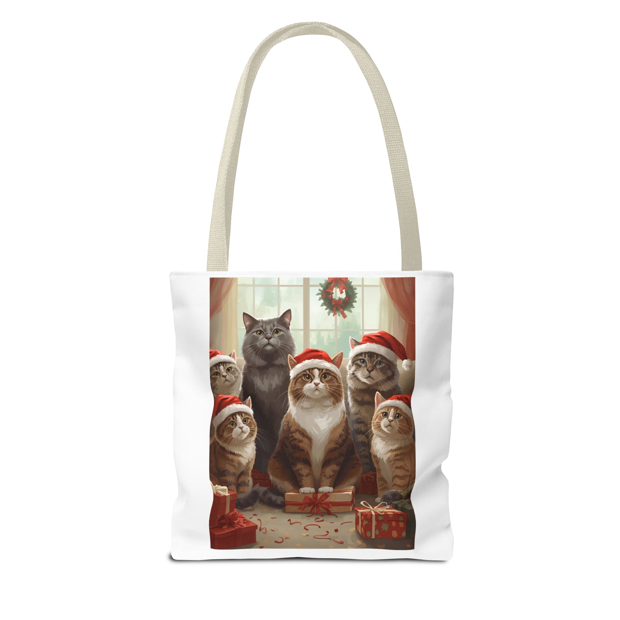 Cute Christmas Festive Cat Tote Bag, Christmas Gift, Holiday Shopping Bag, Cute Cat Lover Bag, AOP Tote for Cat Enthusiasts