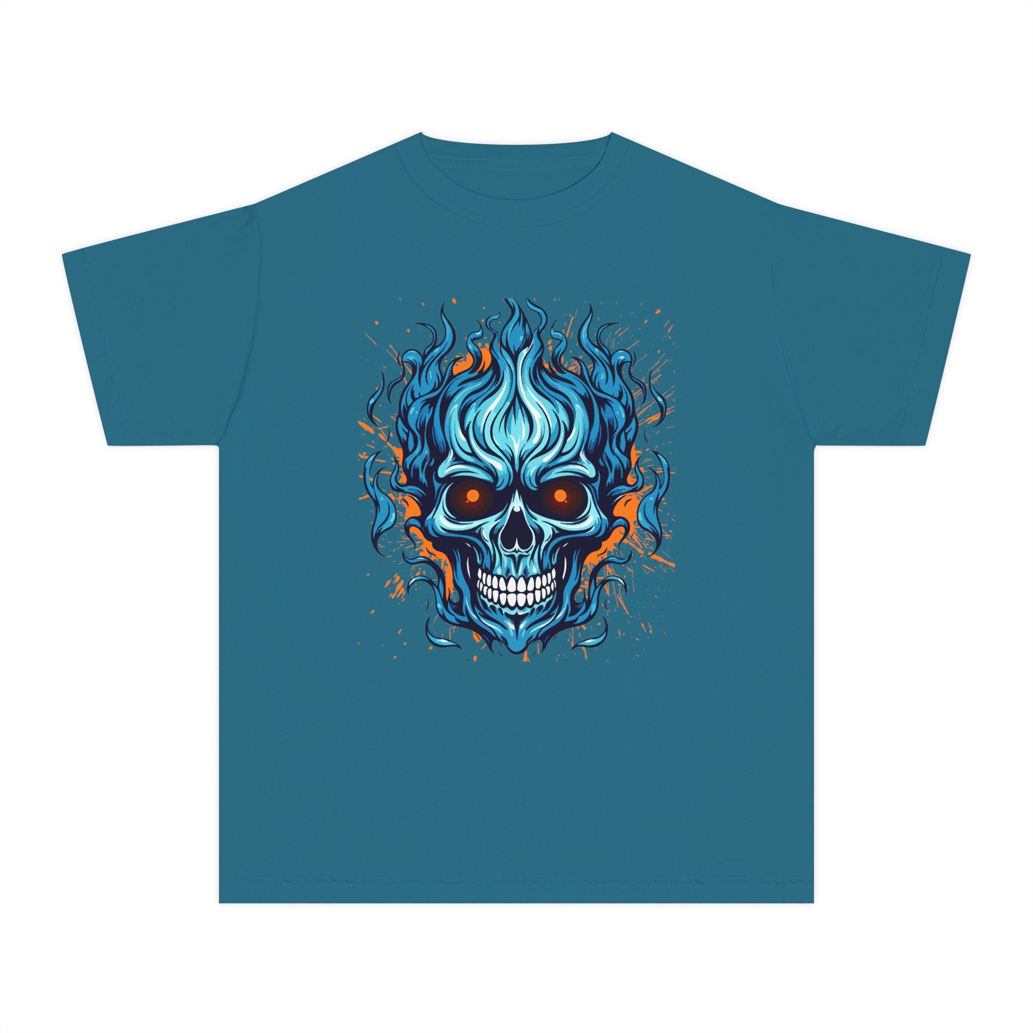 Skull Flame Youth Graphic Skull Tee, Cool Teen Fashion, Edgy Summer Wear, Halloween Costume, Unique Gift for Kids, Casual Everyday Style