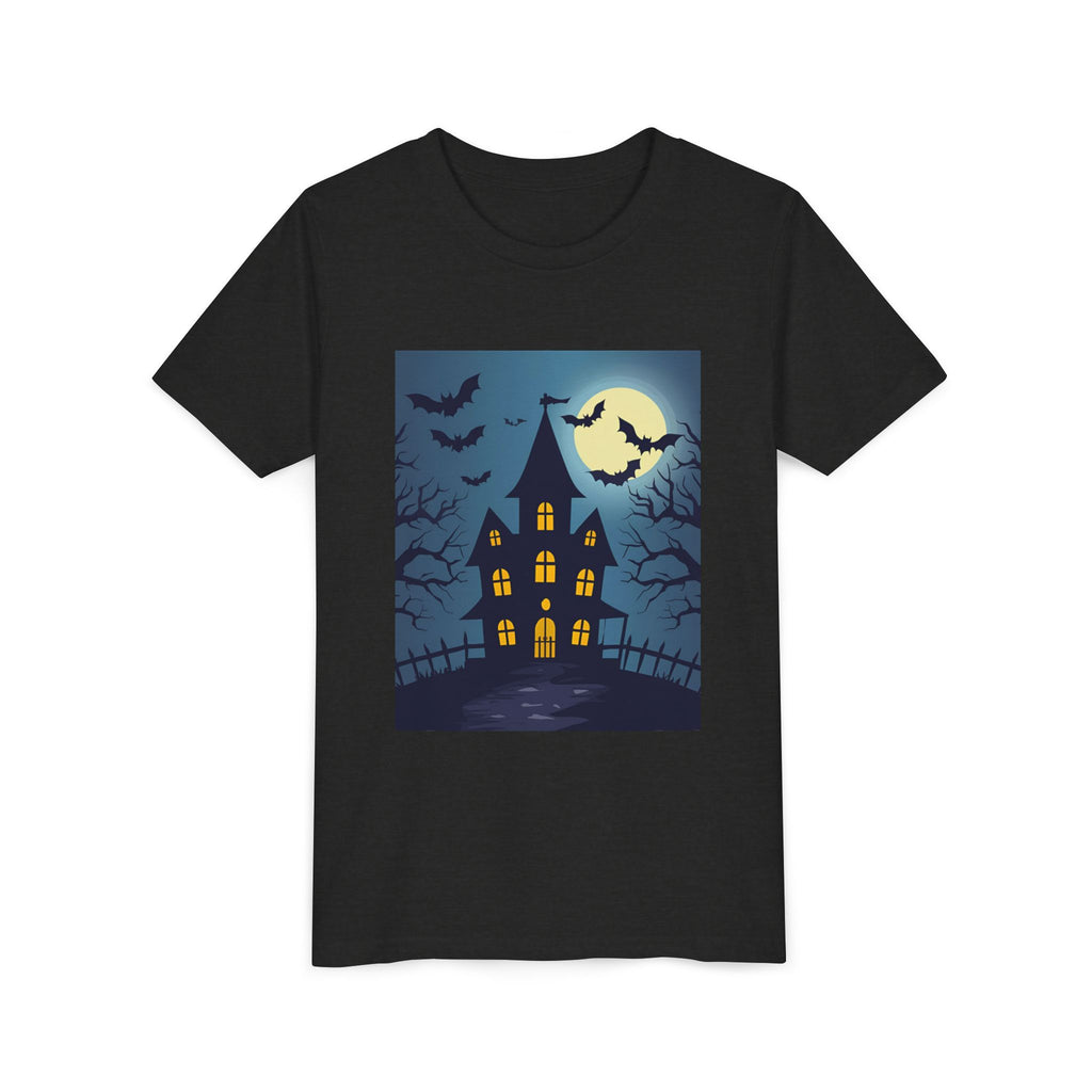Spooky Halloween Haunted House Youth Tee, Kids Ghost T-Shirt, Haunted House Apparel, Bat Design Shirt, Trick or Treat Clothing