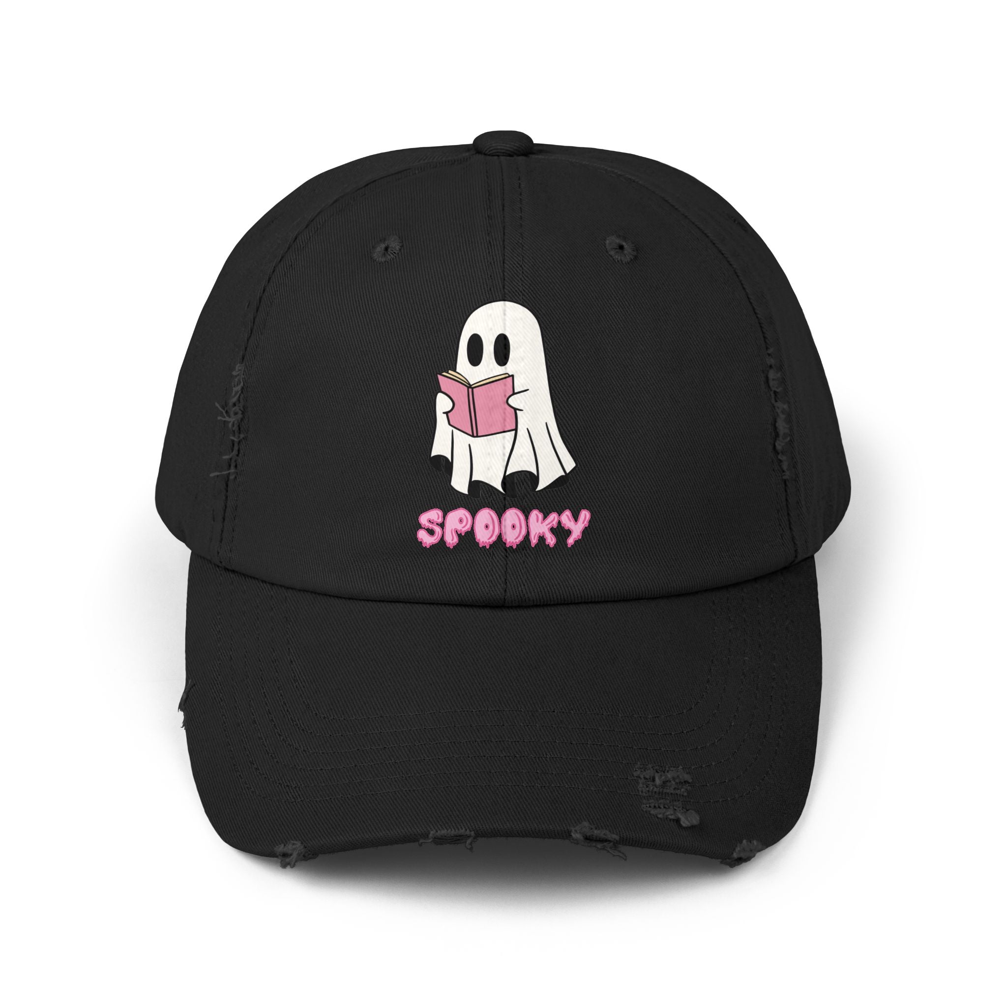 Spooky Ghost Reading Distressed Cap, Halloween Hat, Cute Adjustable Cap, Casual Everyday Wear, Trendy Fashion Accessory