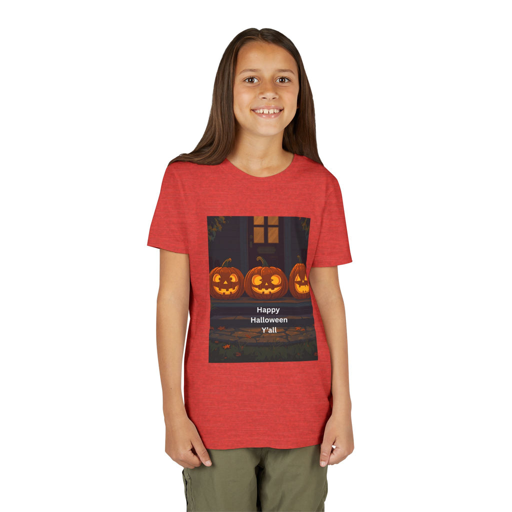 Halloween Pumpkin Youth Tee, Jack-o'-lantern Shirt, Trick or Treat Apparel, Spooky Kids T-Shirt, Halloween Costume Top