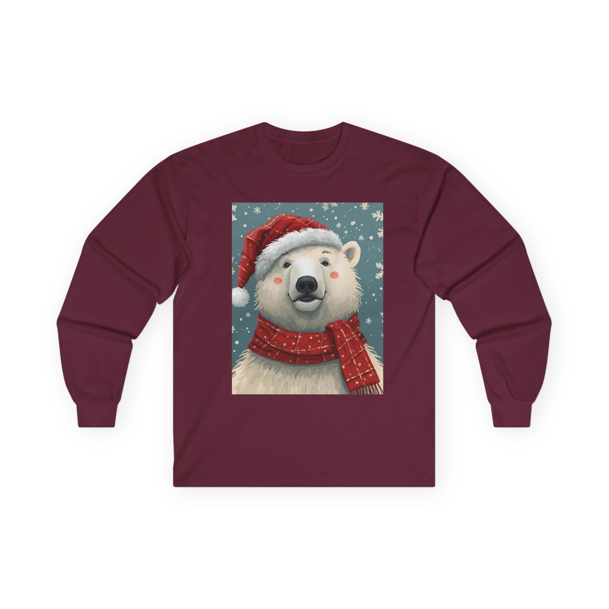 Christmas Polar Bear Long Sleeve Tee, Unisex Long Sleeve Shirt, Holiday Attire, Winter Wear, Cute Animal Apparel, Gift for Him and Her