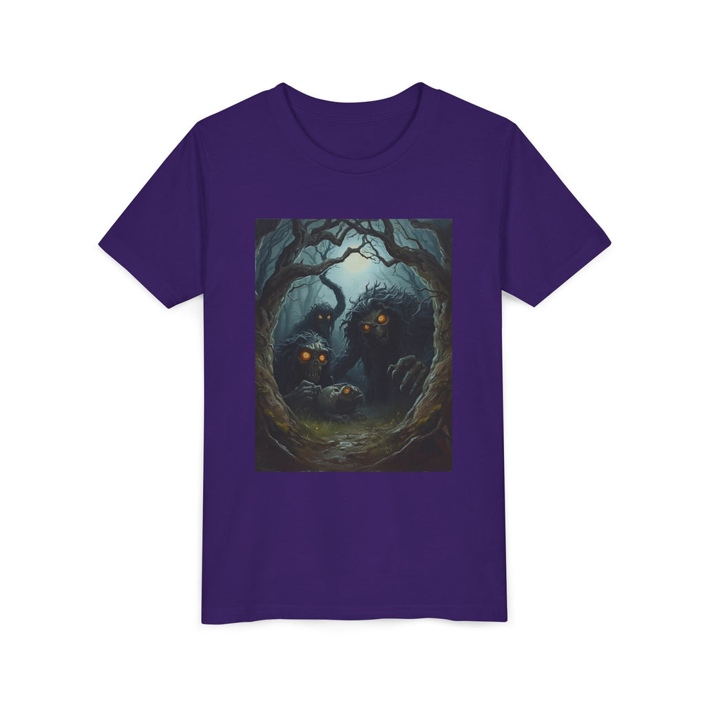 Spooky Mystical Forest Creatures Youth Tee, Cool Graphic T-Shirt, Kids Nature Shirt, Unique Gift for Boys & Girls, Perfect for Halloween