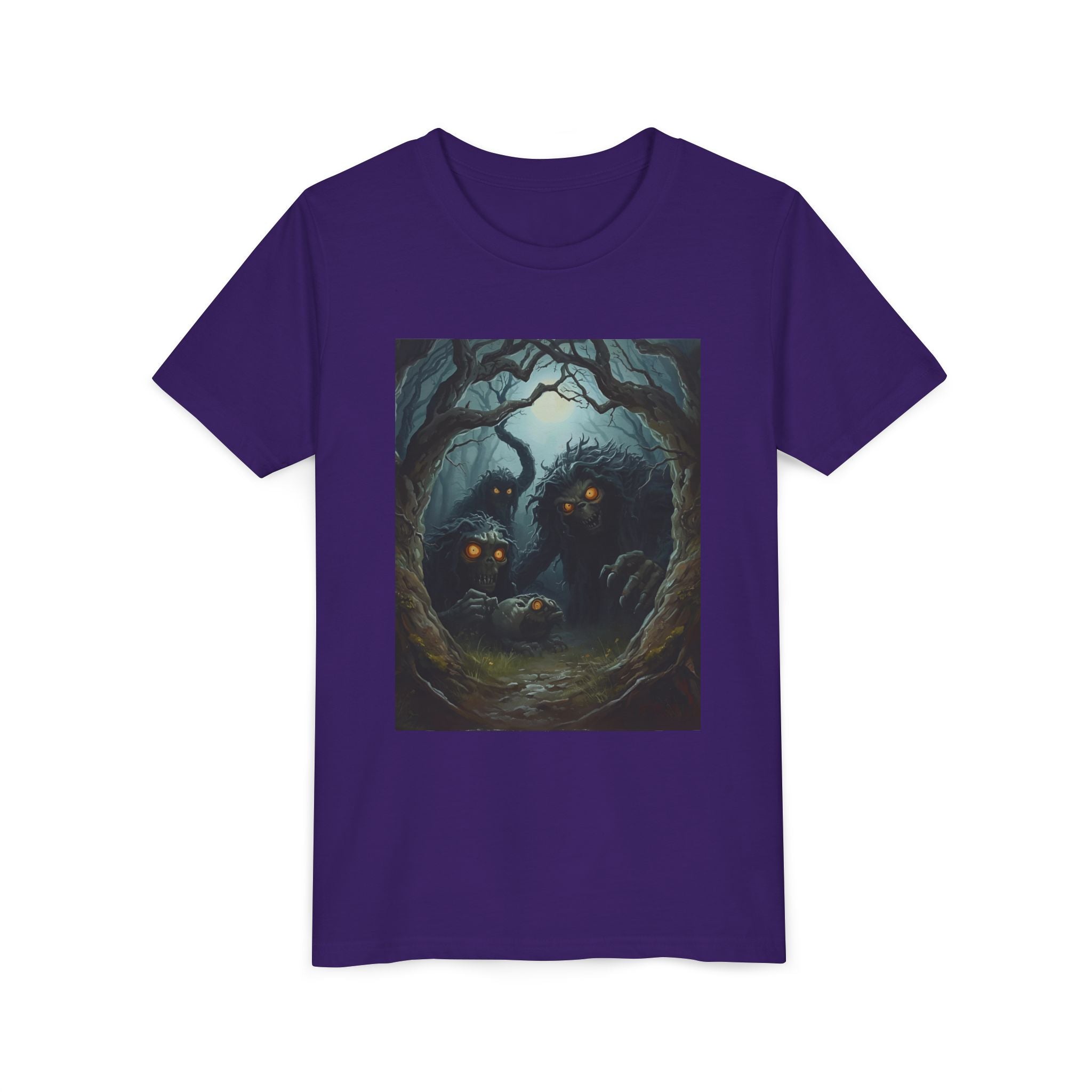 Spooky Mystical Forest Creatures Youth Tee, Cool Graphic T-Shirt, Kids Nature Shirt, Unique Gift for Boys & Girls, Perfect for Halloween