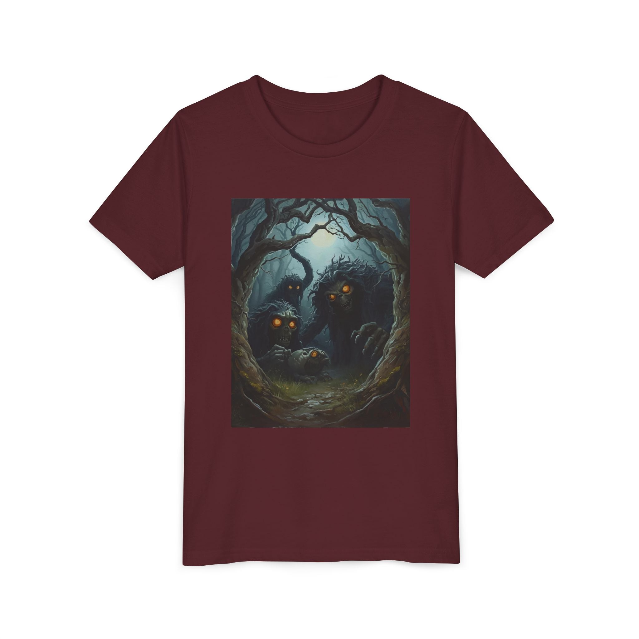 Spooky Mystical Forest Creatures Youth Tee, Cool Graphic T-Shirt, Kids Nature Shirt, Unique Gift for Boys & Girls, Perfect for Halloween