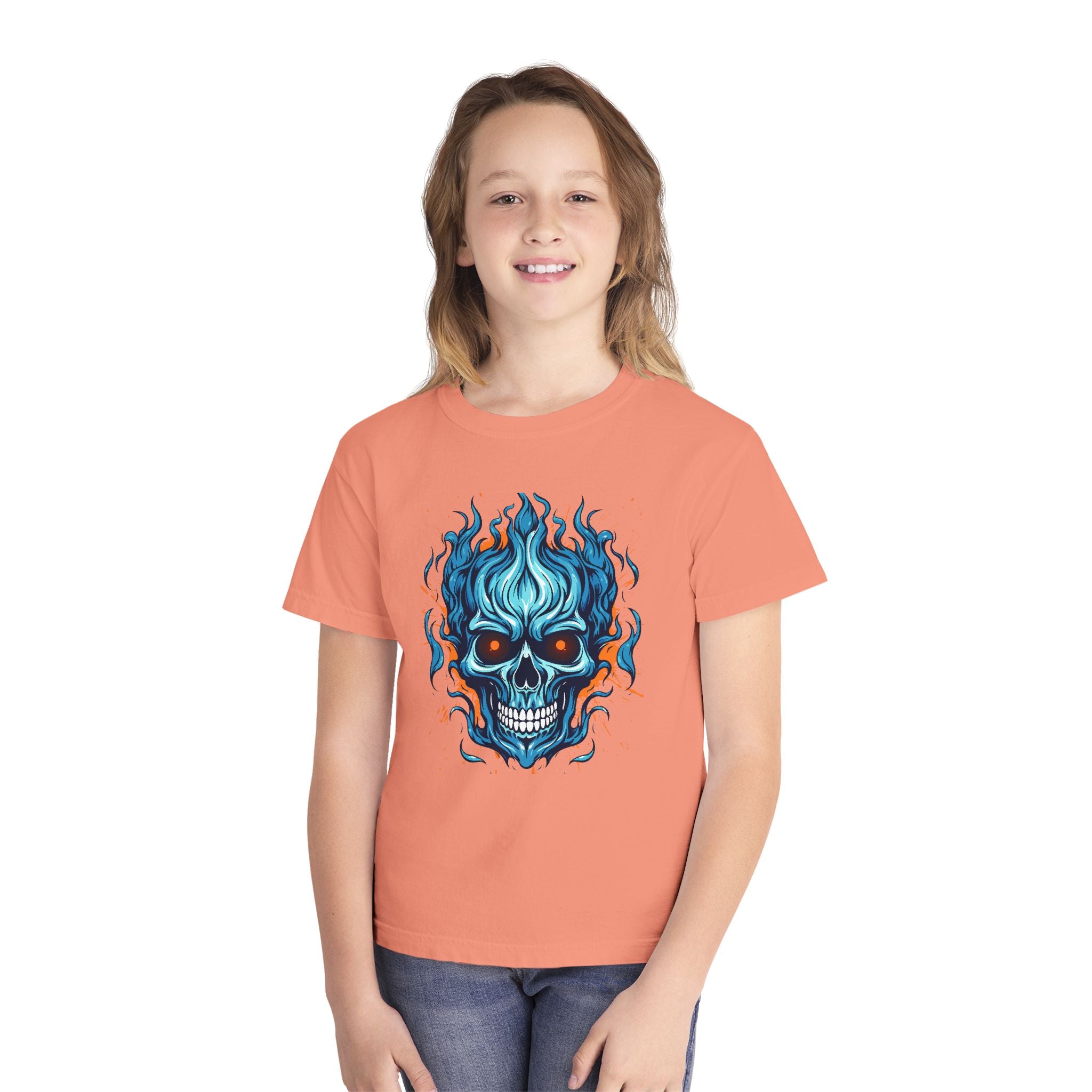 Skull Flame Youth Graphic Skull Tee, Cool Teen Fashion, Edgy Summer Wear, Halloween Costume, Unique Gift for Kids, Casual Everyday Style