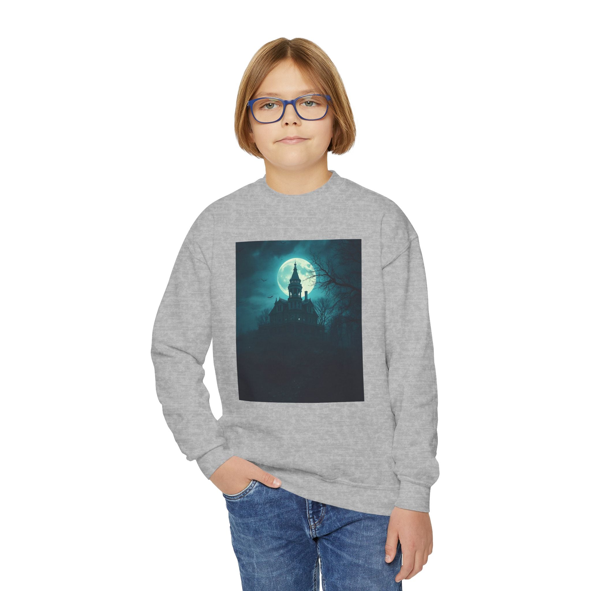 Haunted Moonlight Spooky Castle Youth Crewneck Sweatshirt | Halloween Gift, Cozy Sweatshirt for Kids, Unique Graphic Sweatshirt, Autumn Wardrobe Essential