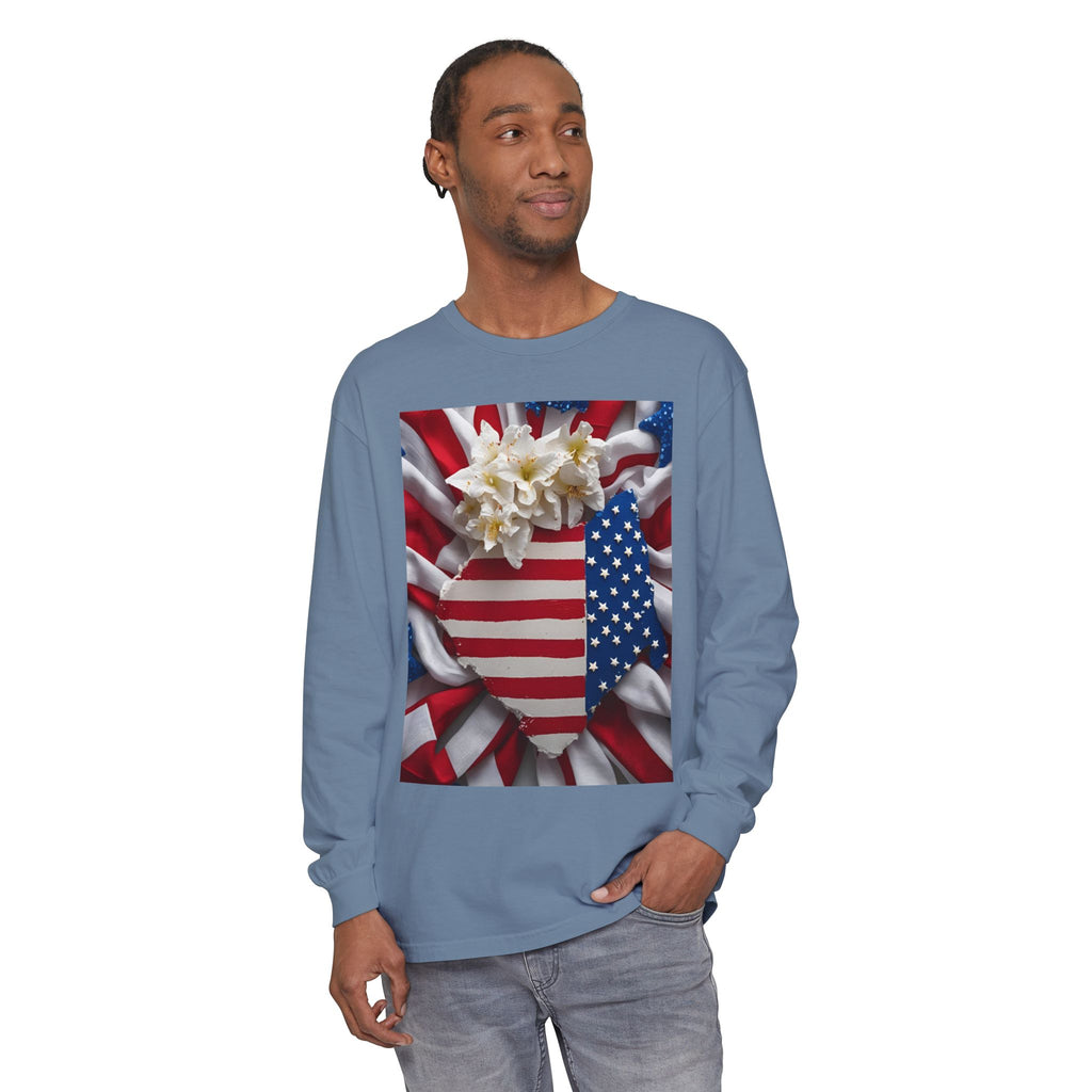 Patriotic Long Sleeve T-Shirt | Unisex Garment-Dyed Tee for Independence Day, Memorial Day, Fourth of July, Summer BBQs, Gifts
