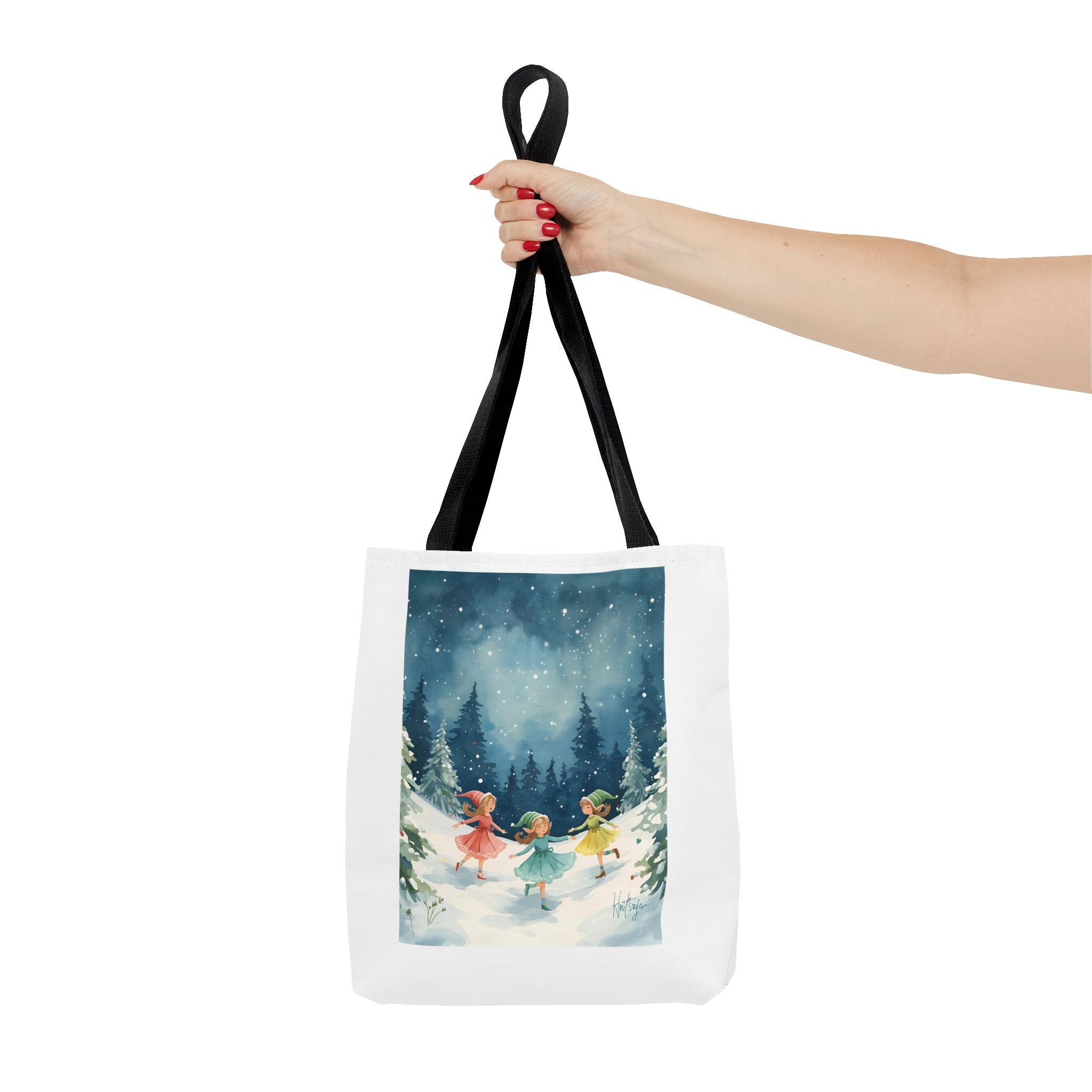 Winter Wonderland Tote Bag, Cute Girls Playing in Snow, AOP Design, Perfect for Gifts, Seasonal Bag, Eco-Friendly Shopping