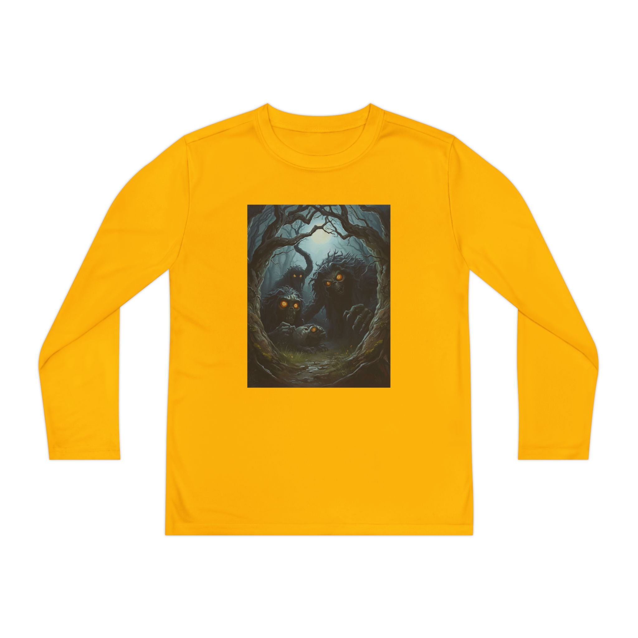Spooky Forest Creatures Youth Long Sleeve Tee with Enchanted Forest Design, Comfortable Unisex T-Shirt for All Seasons, Perfect for Halloween and Nature Lovers