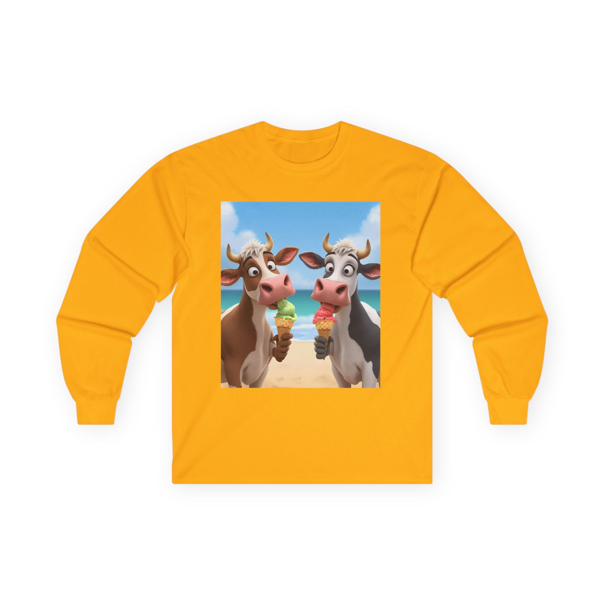 Funny Beach Cow Graphic Long Sleeve Tee, Cute Animal T-Shirt for Kids, Ice Cream Lover Gift, Summer Beach Apparel, Dairy Product Humor