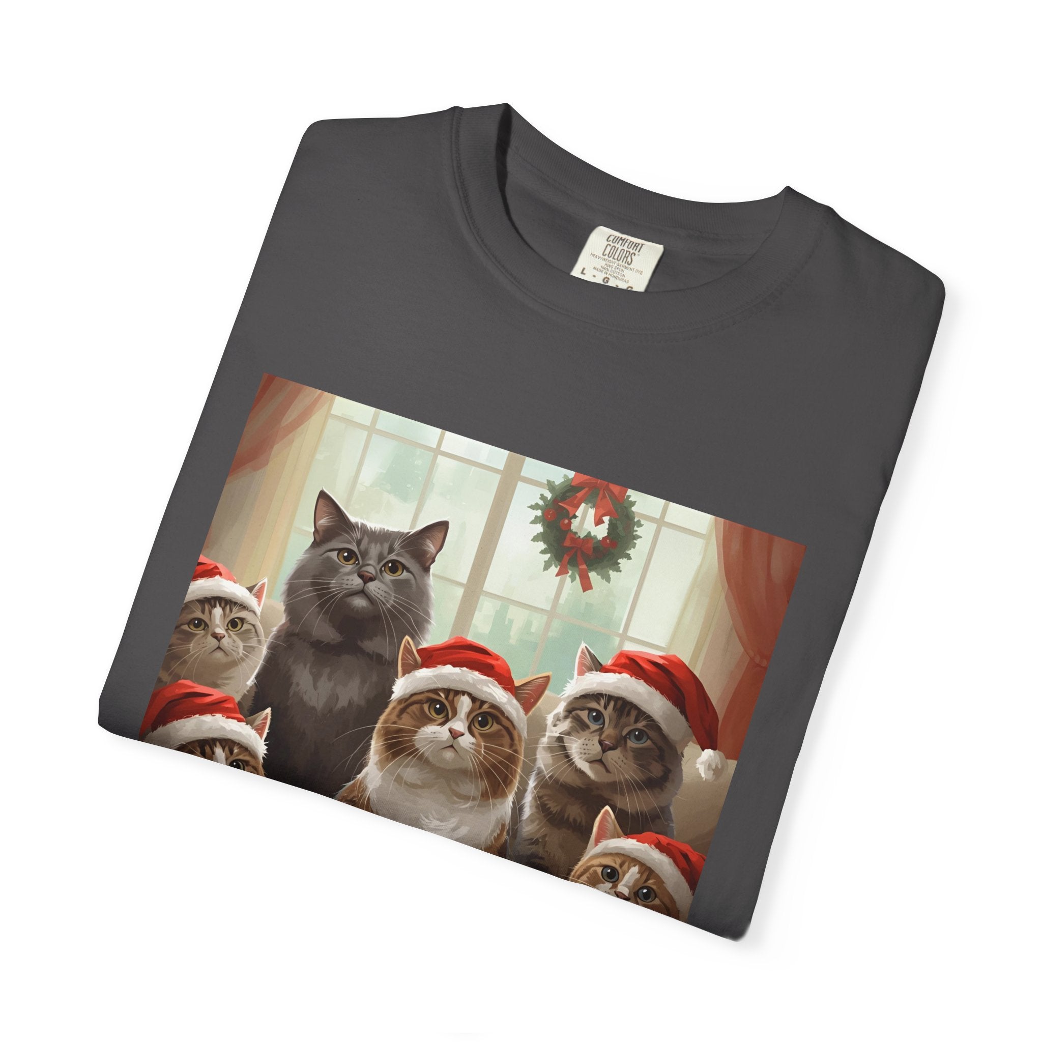 Cute Festive Funny Christmas Cat T-Shirt, Holiday Gift for Cat Lovers, Cute Tee for Winter, Unisex Garment-Dyed Shirt, Christmas Apparel, Festive Outfit