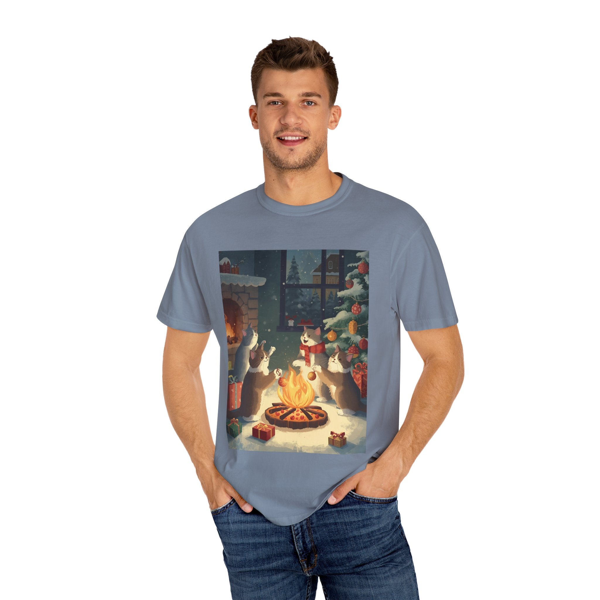 Cozy Cat Campfire T-shirt, Unisex Garment-Dyed Tee, Holiday Gift, Cat Lover Gift, Cute Winter T-shirt, Cozy Nightwear, Christmas Shirt