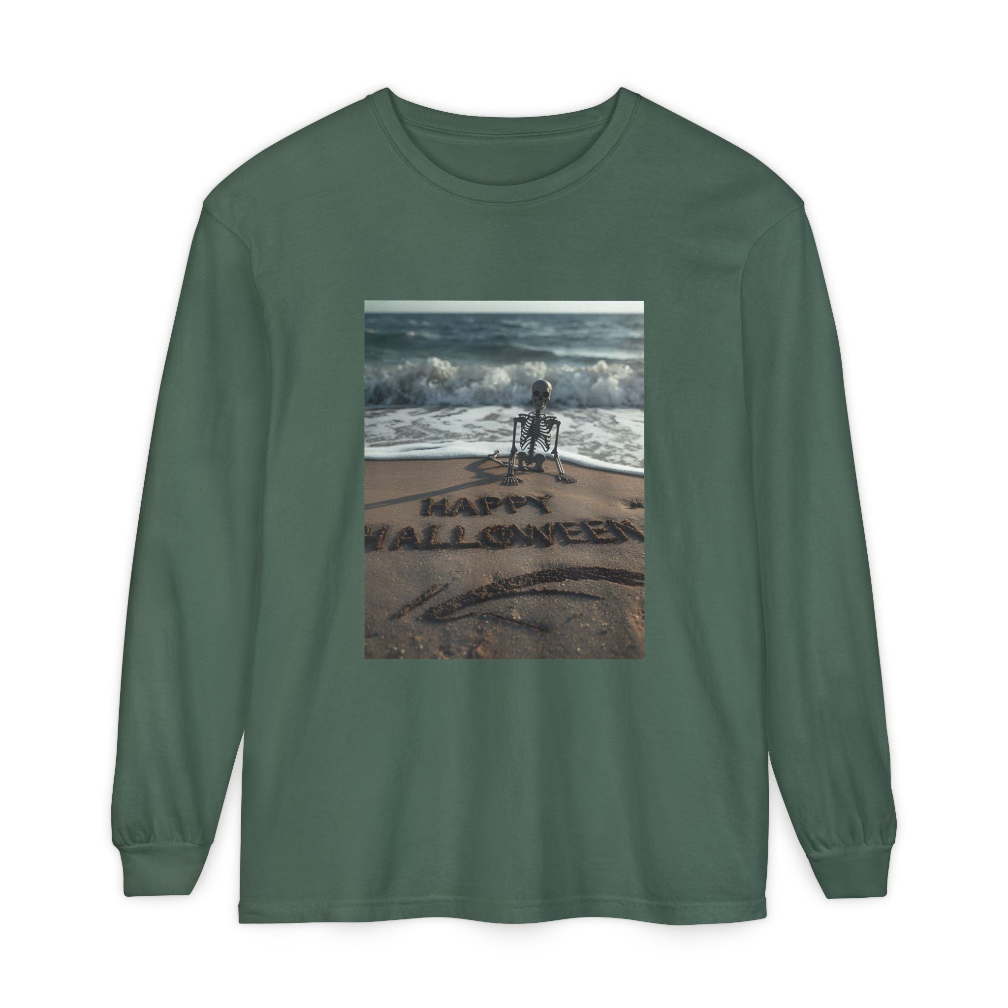 Happy Halloween Beach Skeleton Vibes Unisex Garment-dyed Long Sleeve T-Shirt
