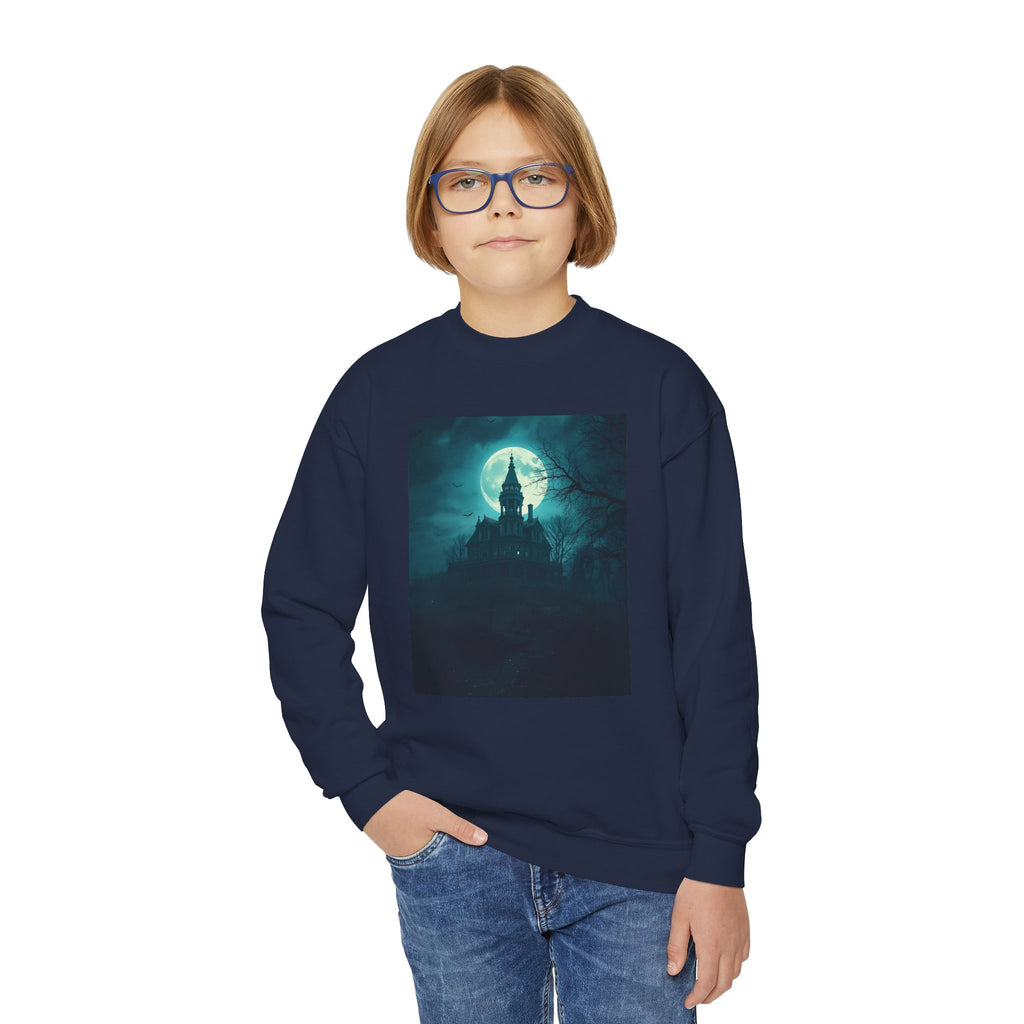 Haunted Moonlight Spooky Castle Youth Crewneck Sweatshirt | Halloween Gift, Cozy Sweatshirt for Kids, Unique Graphic Sweatshirt, Autumn Wardrobe Essential