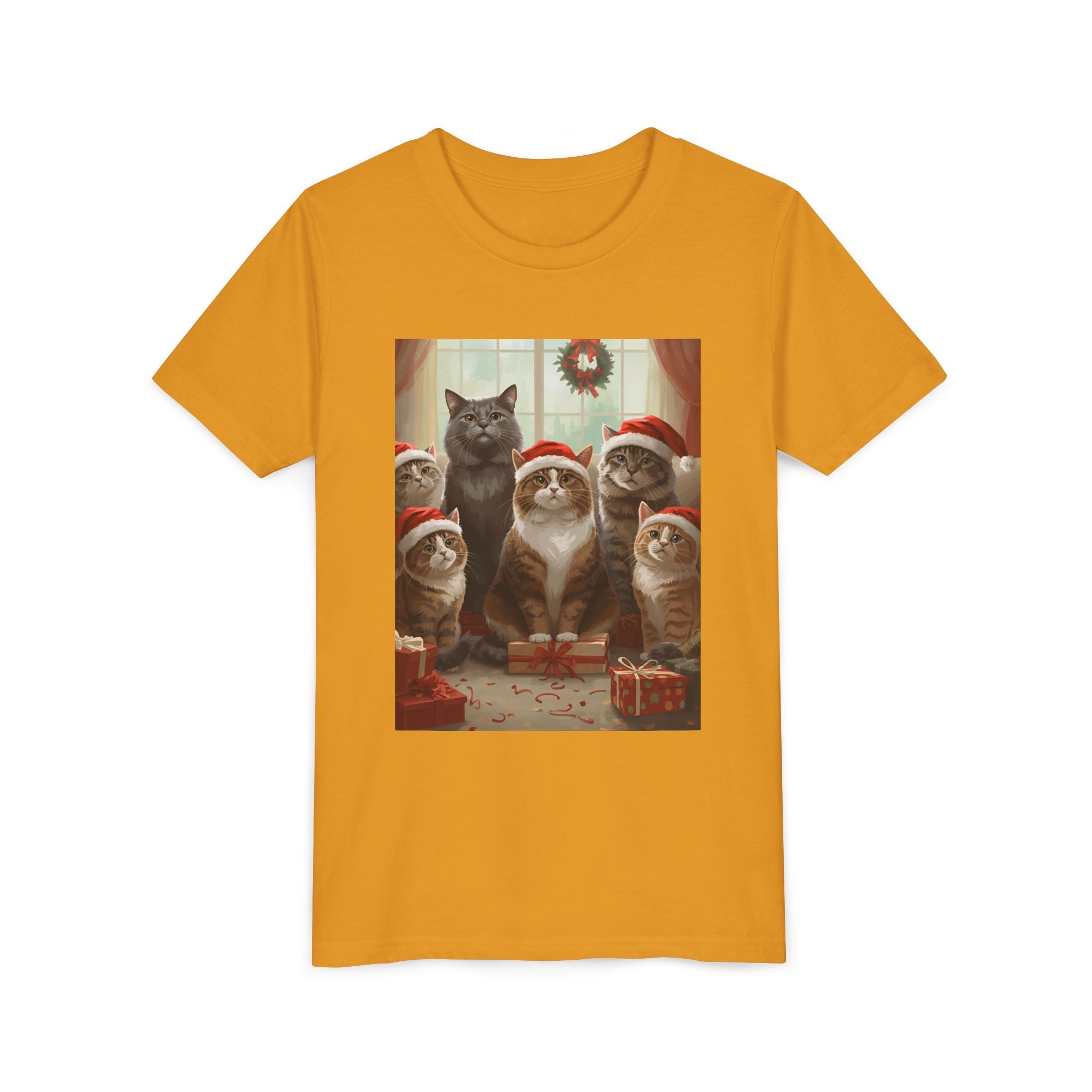 Cute Festive Christmas Cat Youth Short Sleeve Tee