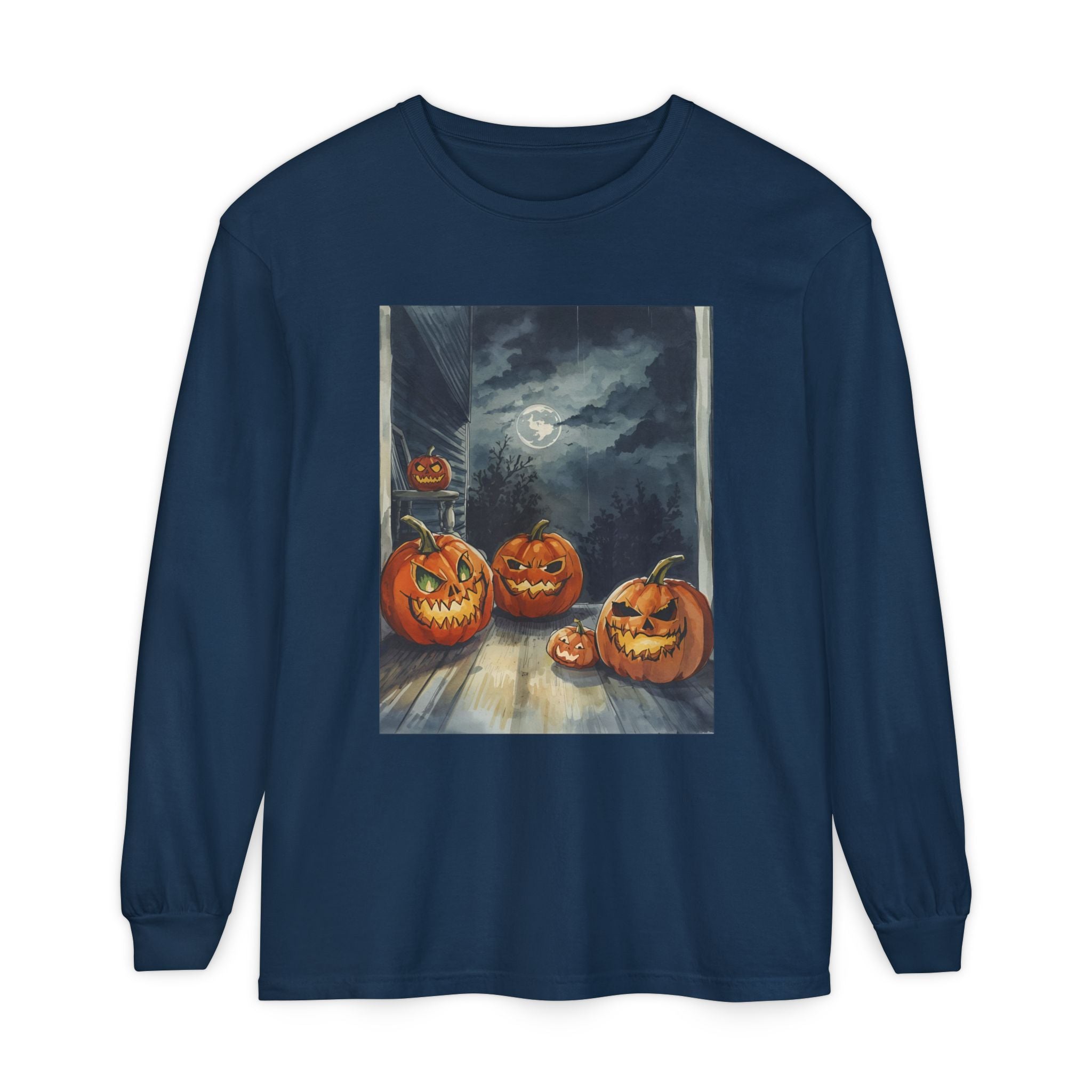 Halloween Pumpkin Scary Unisex Garment-dyed Long Sleeve T-Shirt