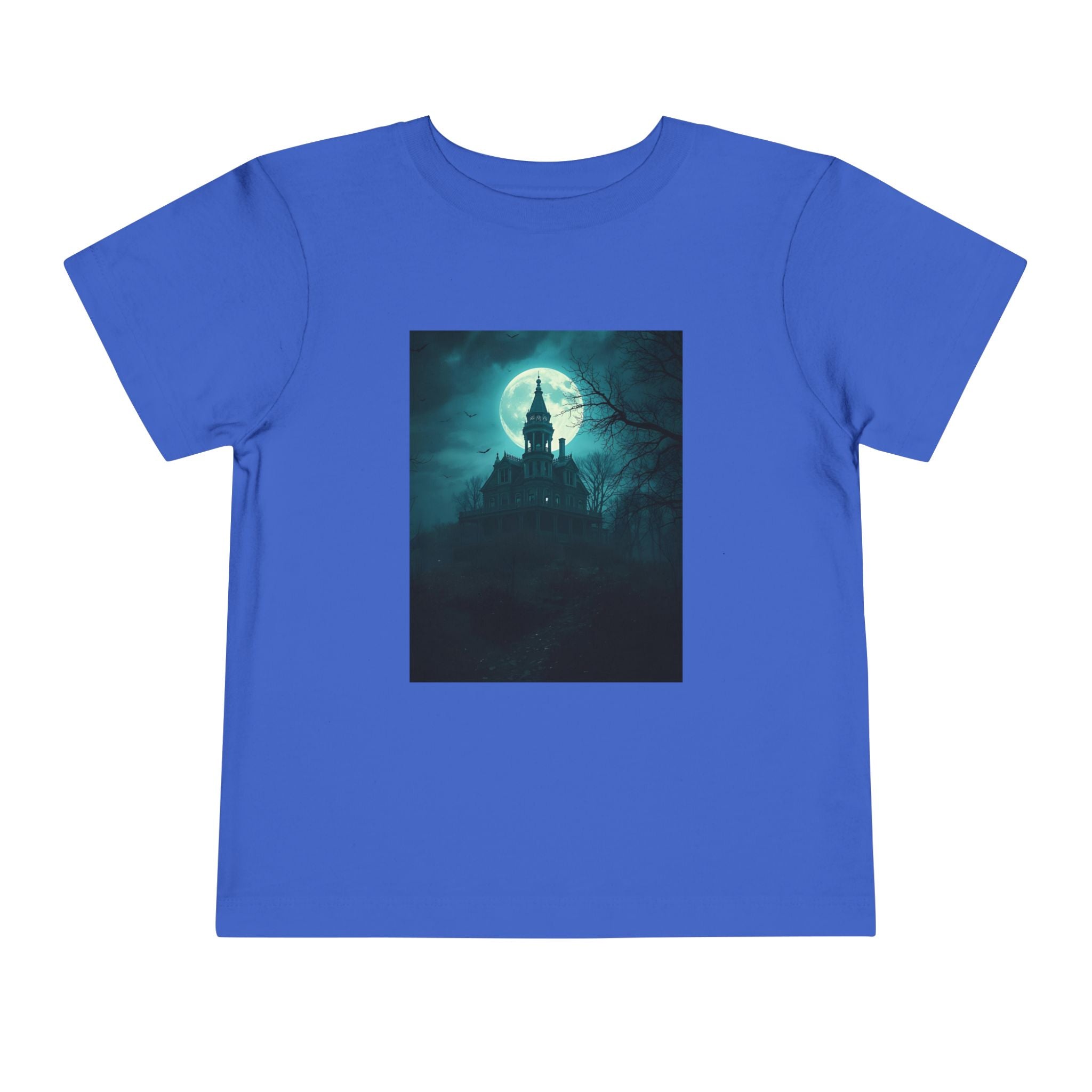 Haunted Moonlight Toddler Halloween Short Sleeve Tee, Ghostly Castle Shirt, Spooky Toddler Tee, Kids Halloween Costume Top, Fall Festivity Apparel