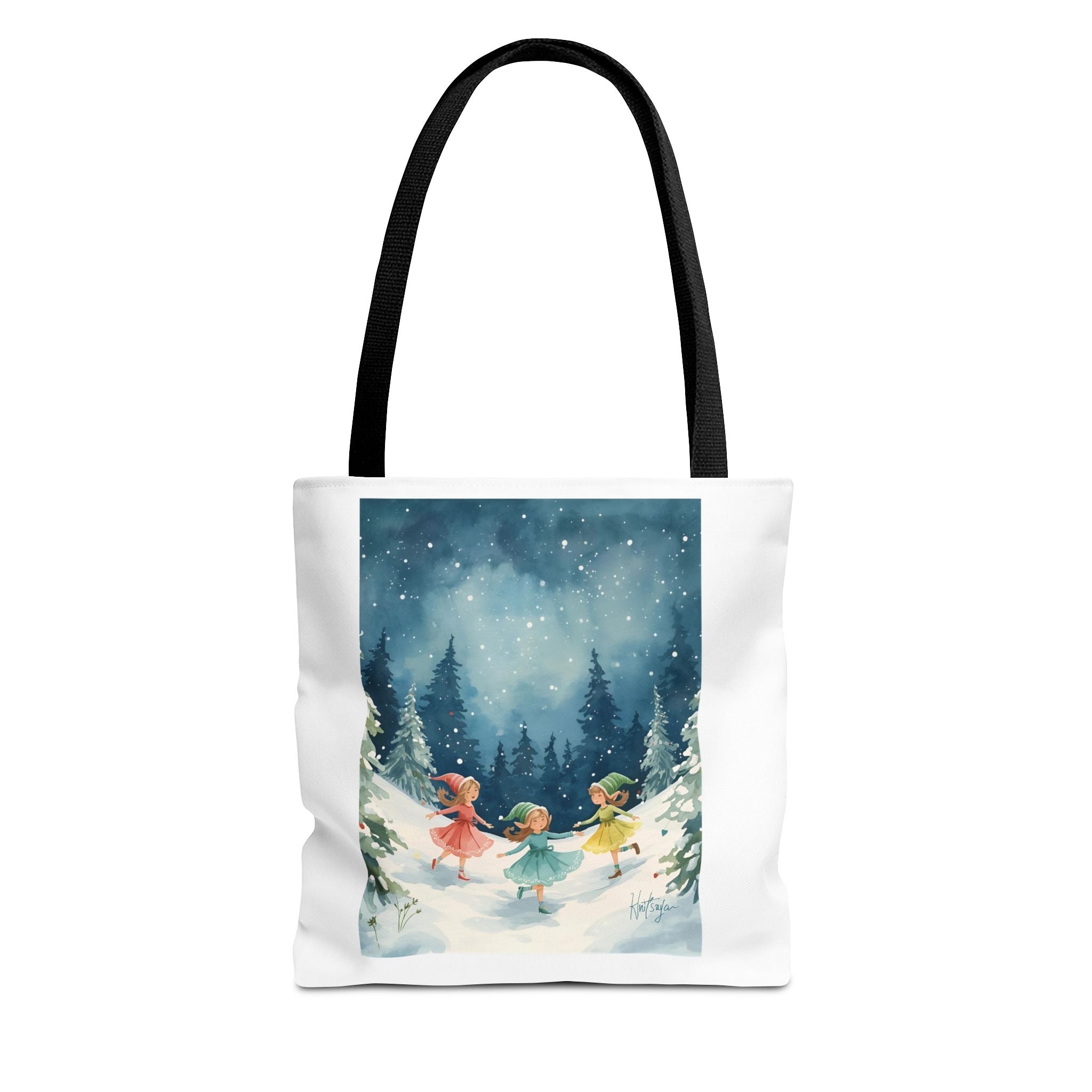 Winter Wonderland Tote Bag, Cute Girls Playing in Snow, AOP Design, Perfect for Gifts, Seasonal Bag, Eco-Friendly Shopping