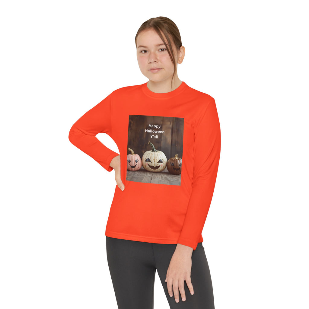 Happy Halloween Youth Long Sleeve Tee, Spooky Kids Top, Fall Costume Shirt, Trick or Treat Apparel, Pumpkin Graphic Tee