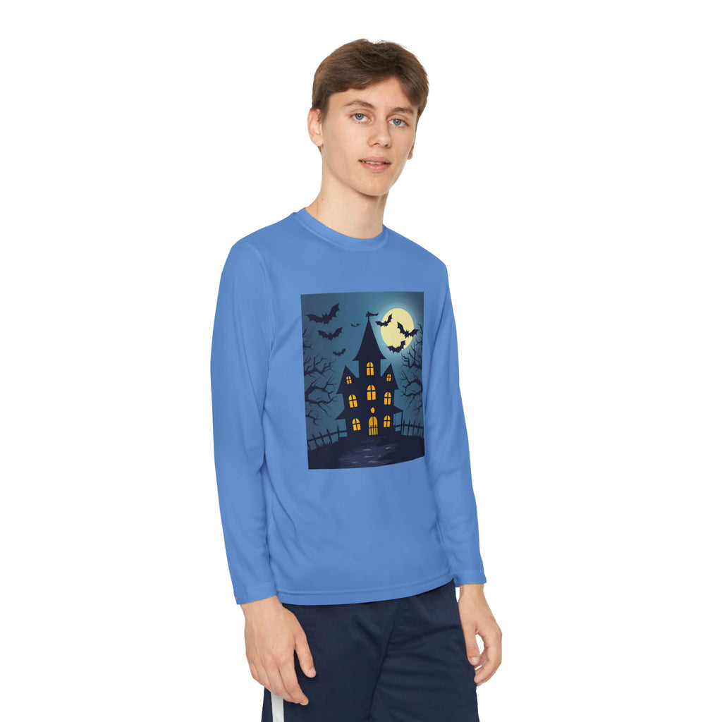 Halloween Haunted House Youth Long Sleeve Tee, Halloween Shirt, Spooky Tee, Ghostly Nightwear, Fall Apparel, Kids Halloween Costume