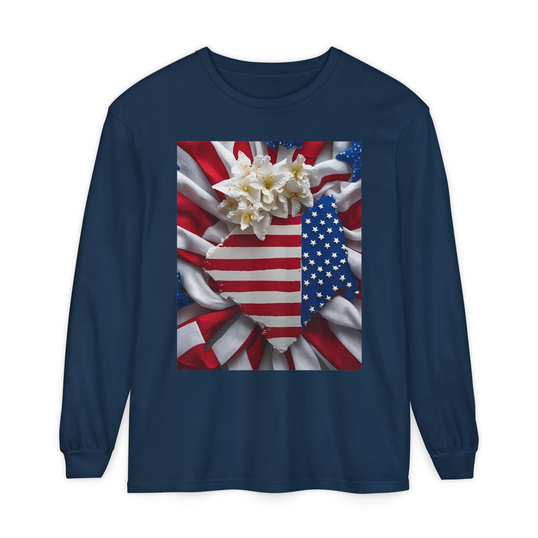 Patriotic Long Sleeve T-Shirt | Unisex Garment-Dyed Tee for Independence Day, Memorial Day, Fourth of July, Summer BBQs, Gifts